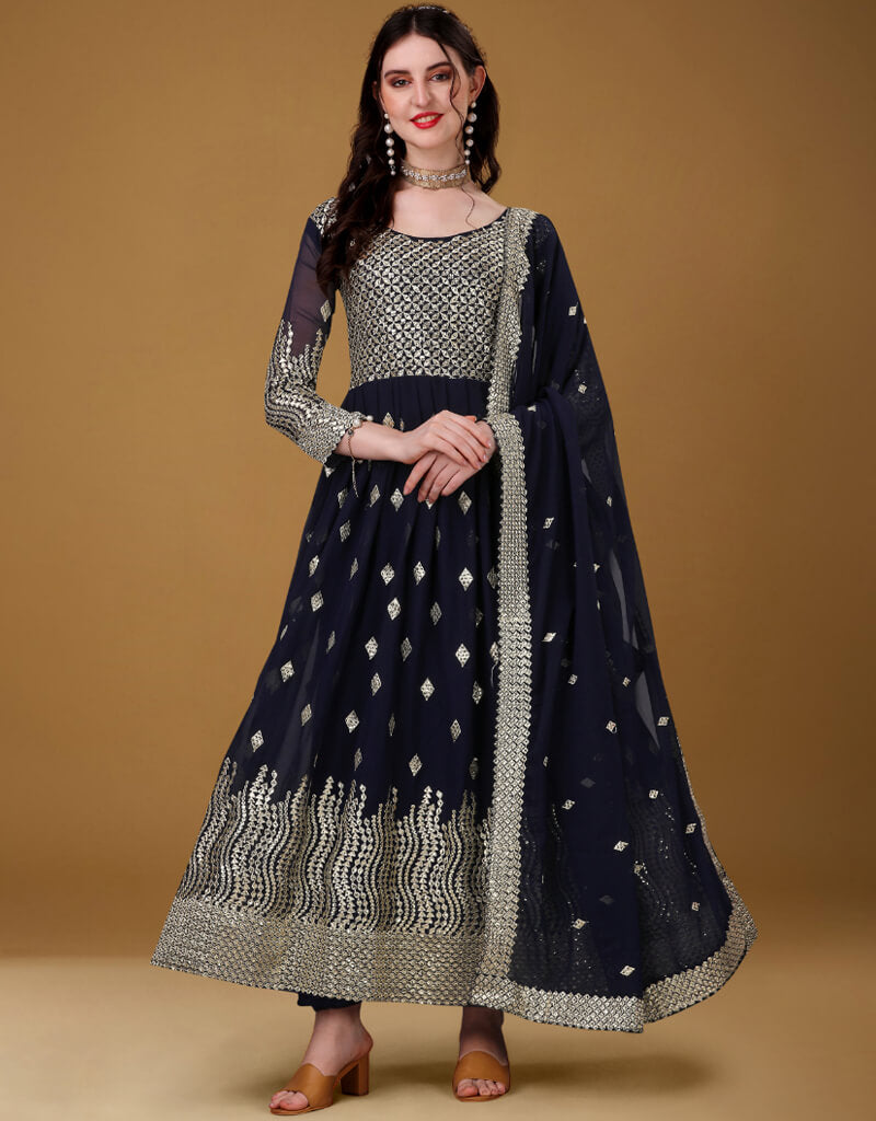 Blue Foux Georgette Pant Anarkali Dress - Elegant Indian Ethnic Wear for Women - Perfect for Weddings, Parties & Festive Occasions
