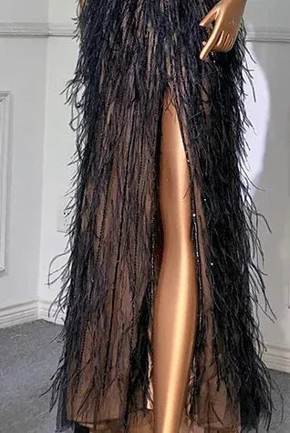 Serene Hill Luxury Beaded Feather Beige High Slit Mermaid Evening Dress for Women - Backless Formal Gown for Prom, Wedding, Red Carpet & Special Occasions