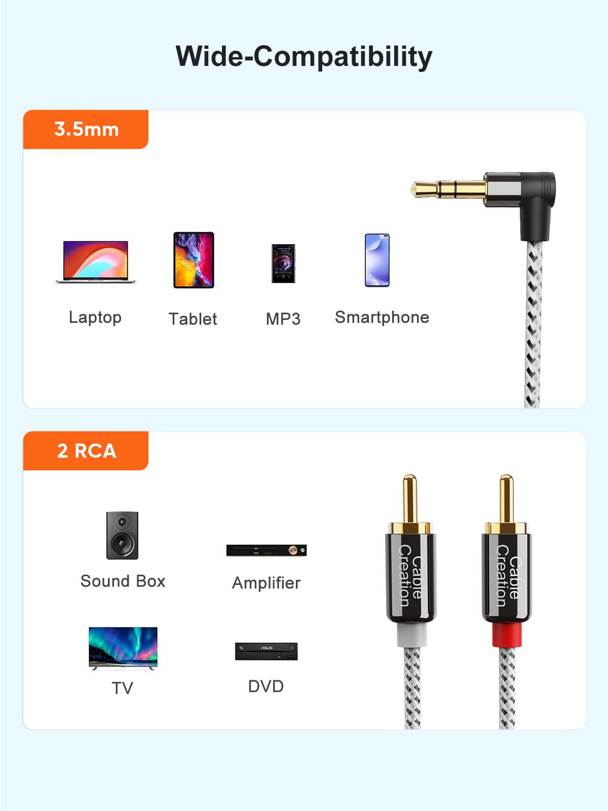 CableCreation 3.5mm to RCA Audio Cable - Gold-Plated Stereo Y Splitter Cord (10FT/3M) for Smartphones, MP3 Players, Tablets, Speakers, Echo Dot, Home Theater & HDTV - Perfect for Home Audio Setup & Entertainment Systems