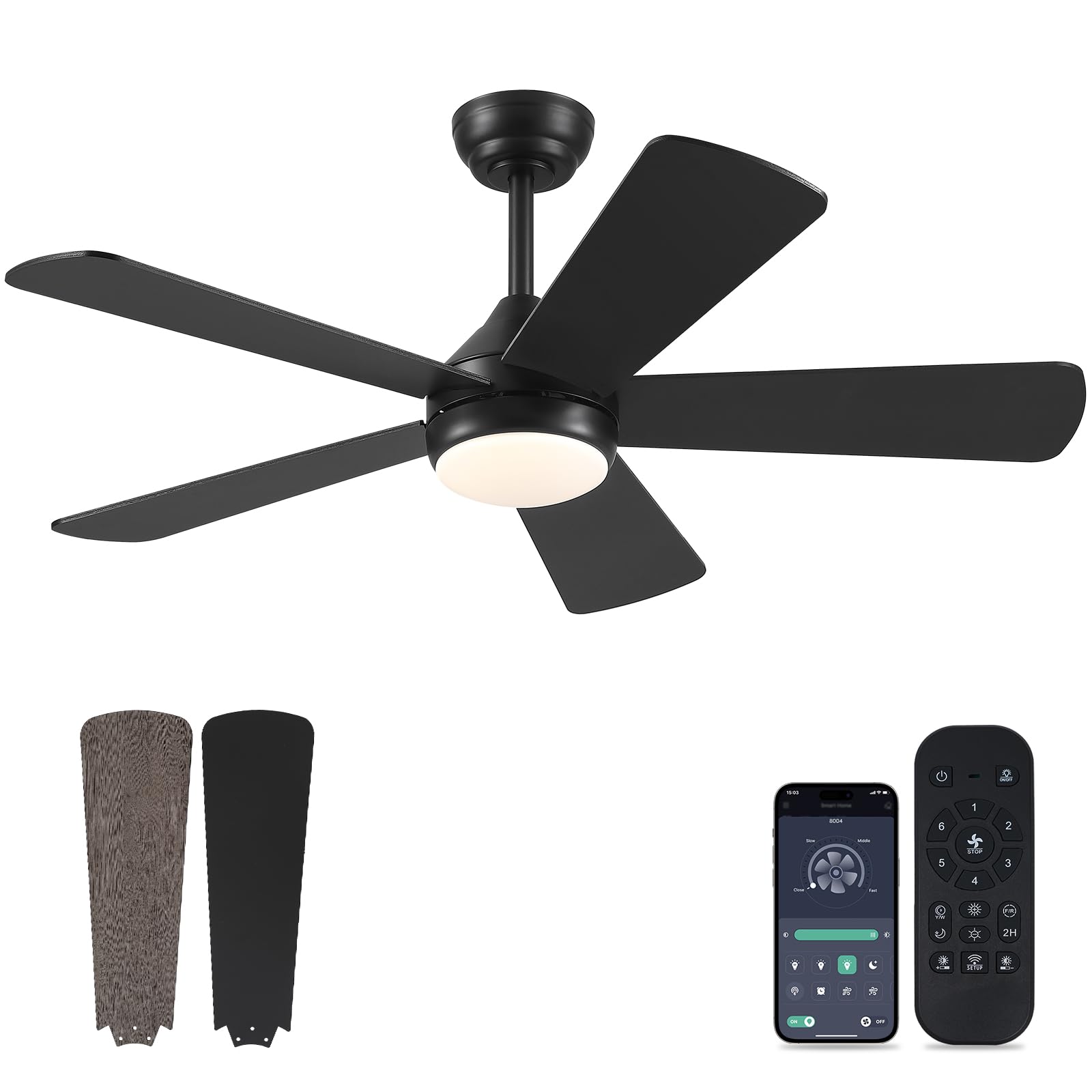 Asyko 46 Inch Modern Ceiling Fan with Light - Black Outdoor Ceiling Fan with Remote Control, 5 Blades, 6 Speeds, 3CCT Dimmable LED - Low Profile Design for Bedroom, Living Room, Covered Patio, Porch and Outdoor Spaces