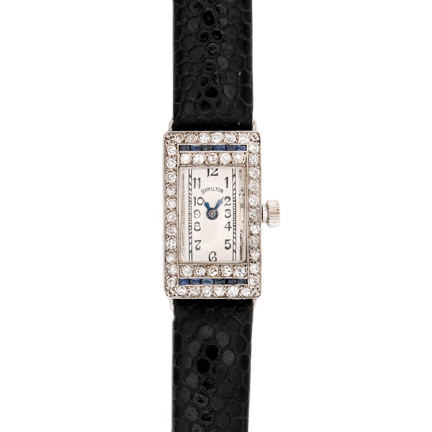 Vintage HAMILTON Art Deco 18K Gold Diamond & Sapphire Ladies Wristwatch - Luxury Women's Dress Watch for Formal Events & Evening Wear