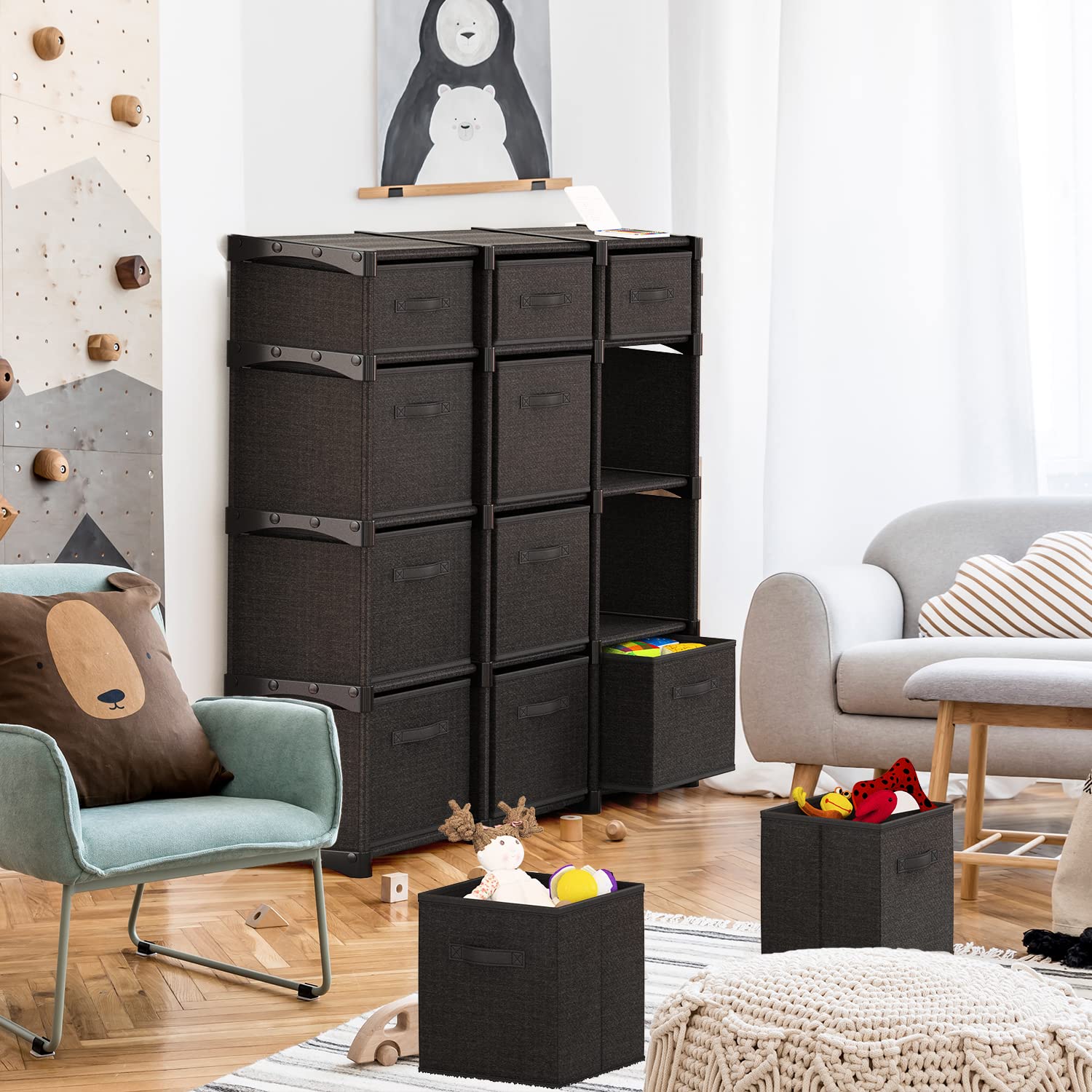 12-Cube Storage Organizer - Black Modular Shelving Unit with Fabric Bins | DIY Closet, Bedroom, Playroom & Office Organization | Space-Saving Storage Solution for Home, Dorm & Kids' Rooms