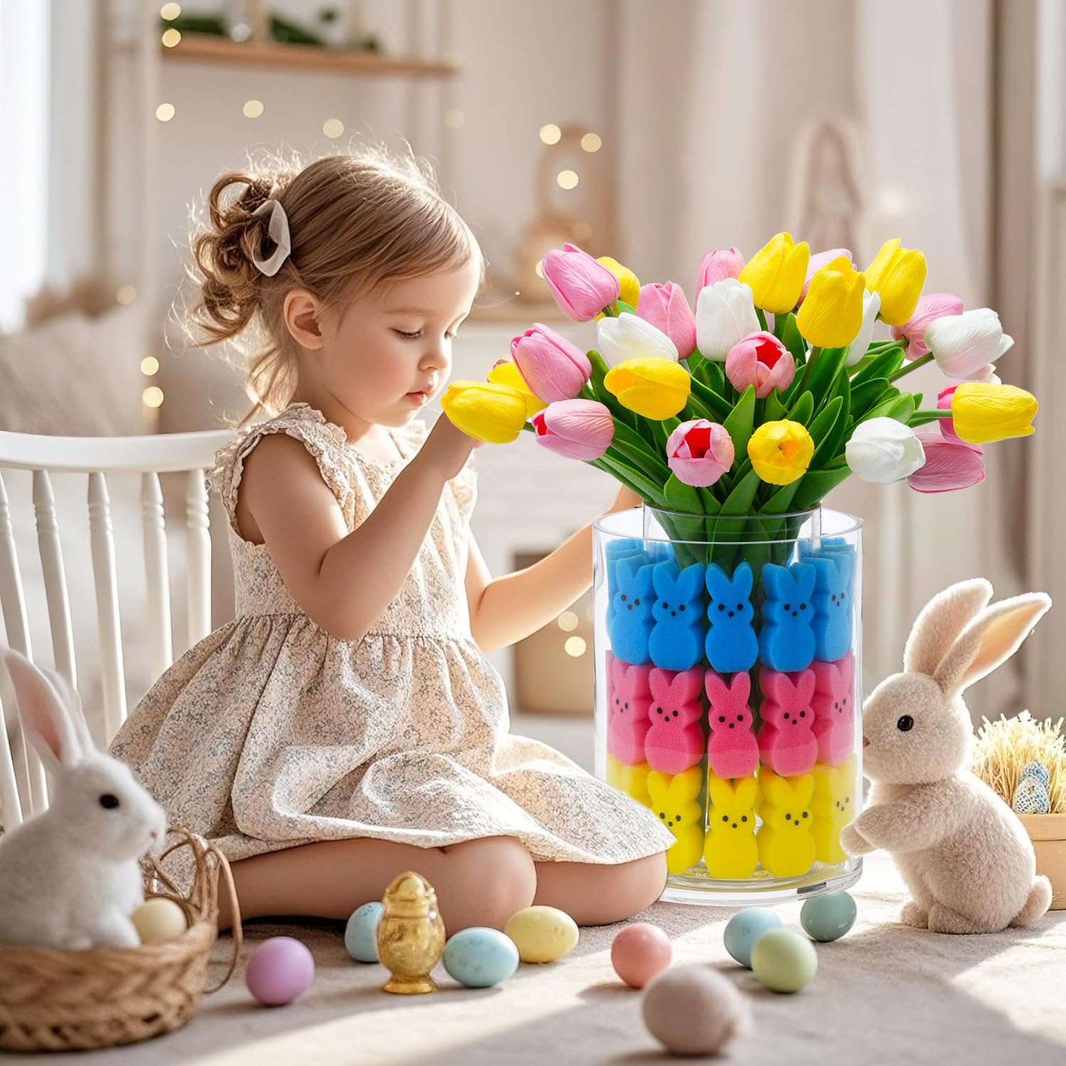 Easter Bunny Table Decorations Set - Artificial Tulips with Bunnies Vase Filler, Spring Rabbit Centerpiece for Home & Party Decor (Vase Not Included) - Perfect for Easter Celebrations, Spring Weddings & Holiday Table Settings