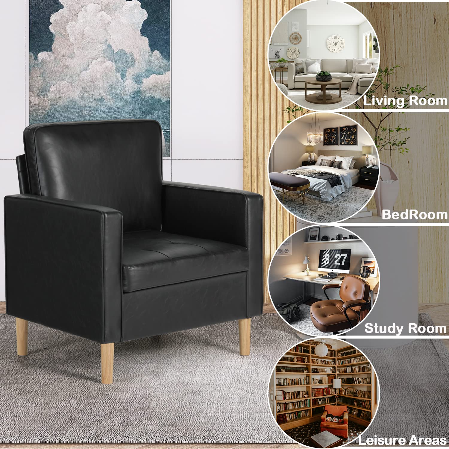 AILEEKISS Modern Single Sofa Chair - Mid-Century Faux Leather Upholstered Accent Armchair for Small Spaces, Living Room, Apartment, Dorm & Office - Compact Comfortable Seating for Relaxing, Reading or Working (Black)