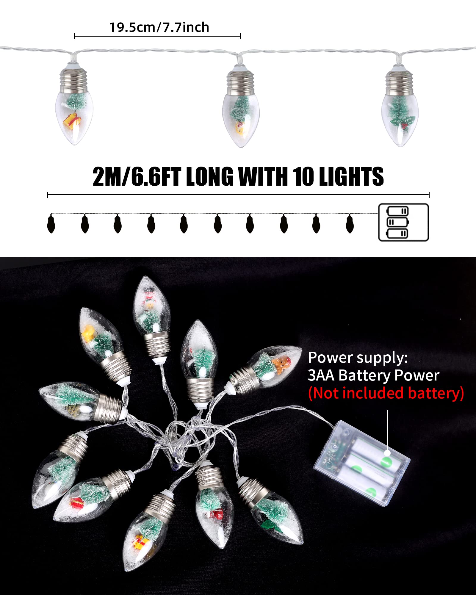6.6ft Christmas Tree Snow Globe String Lights - 10 LED Globe Bulbs with Tree, Snow & Cute Ornaments for Indoor, Bedroom, Patio, Fireplace Decor | Perfect for Holiday, Xmas, Winter Home Decoration & Party Lighting