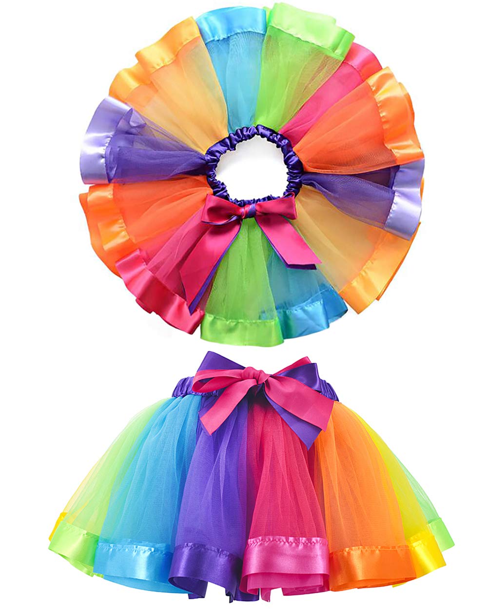 JiaDuo Girls Layered Rainbow Tutu Skirt with Bow - Ballet Dance Skirt for Kids, Toddler & Baby - Perfect for Dance Recitals, Birthday Parties & Dress Up Play