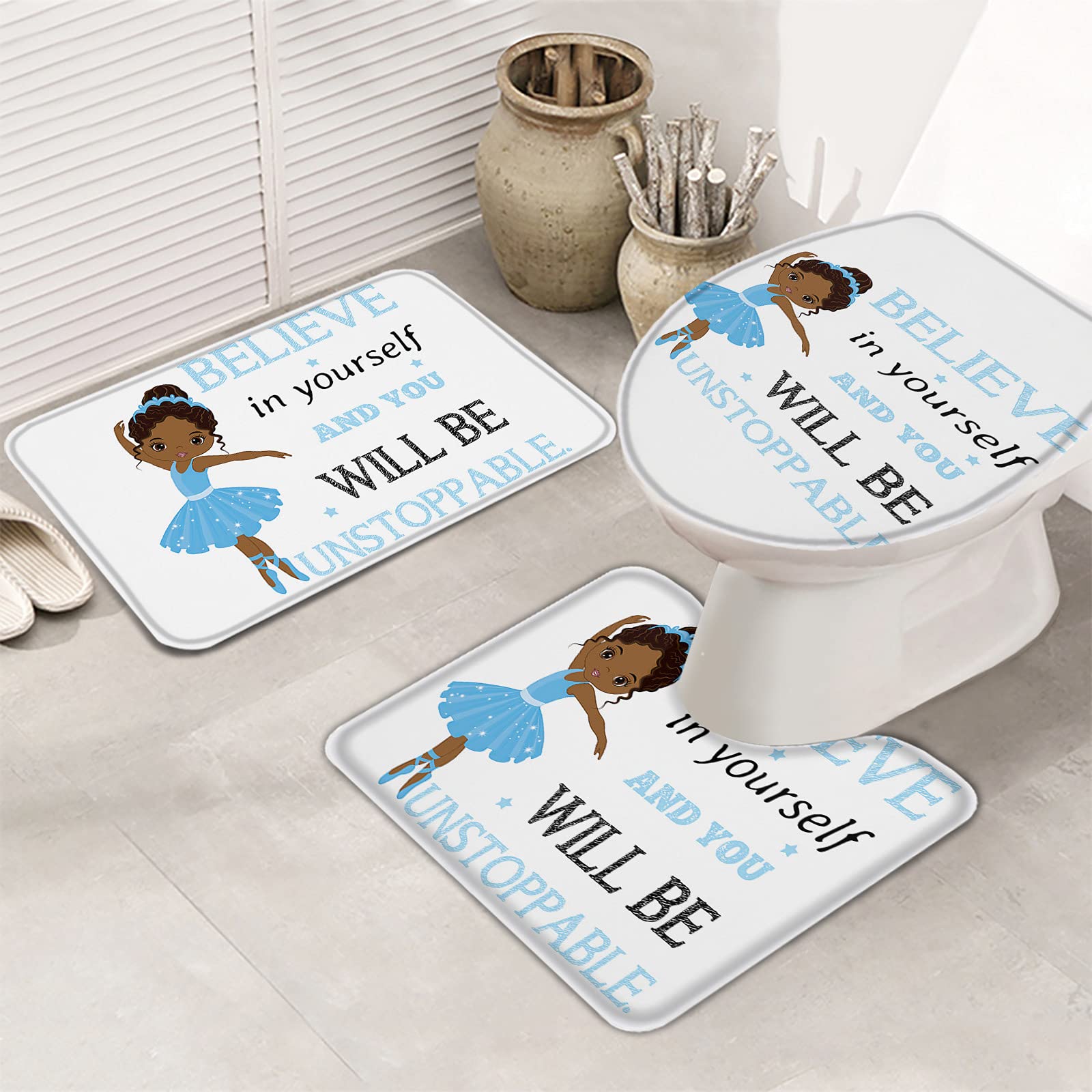 3-Piece Non-Slip Bathroom Rug Set - African Blue Ballet Girl Design, Absorbent Contour Mat & Toilet Lid Cover | Perfect for Bathroom Safety and Decor | Ideal for Kids' Bathrooms, Guest Bathrooms & Home Spa Days