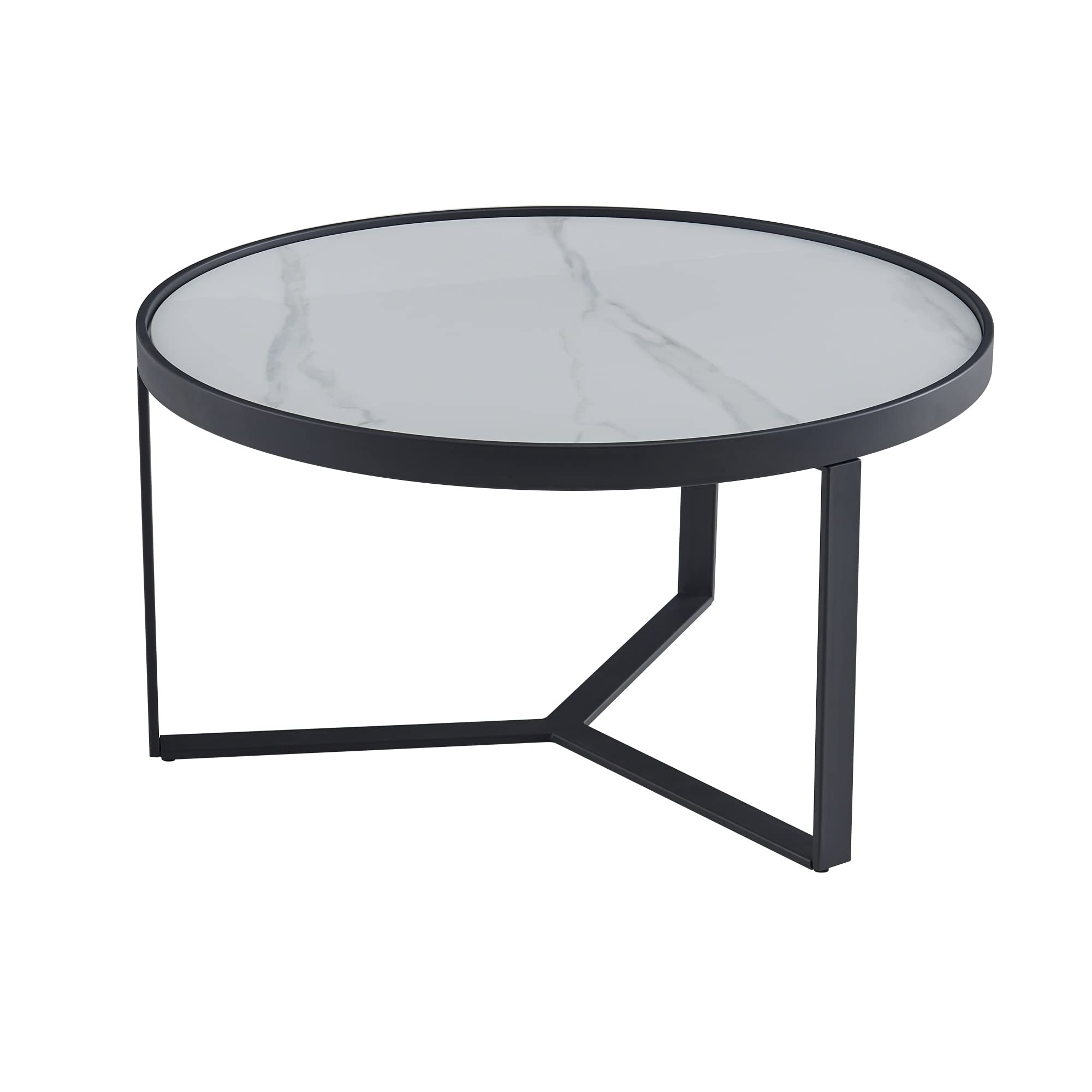 LUKYRA 31.5 Inch Modern Round Coffee Table - Black Metal Frame with Sintered Stone Top - Stylish Living Room Furniture for Small Spaces, Apartments & Lounge Areas