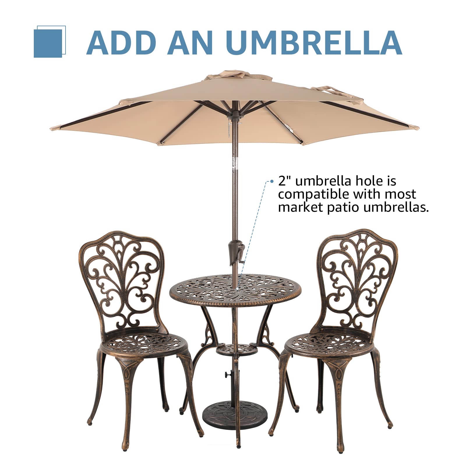 COBANA 3-Piece All-Weather Outdoor Bistro Set - Bronze Cast Aluminum Patio Dining Table & Chairs with 2” Umbrella Hole | Perfect for Garden, Balcony, Poolside & Small Outdoor Spaces