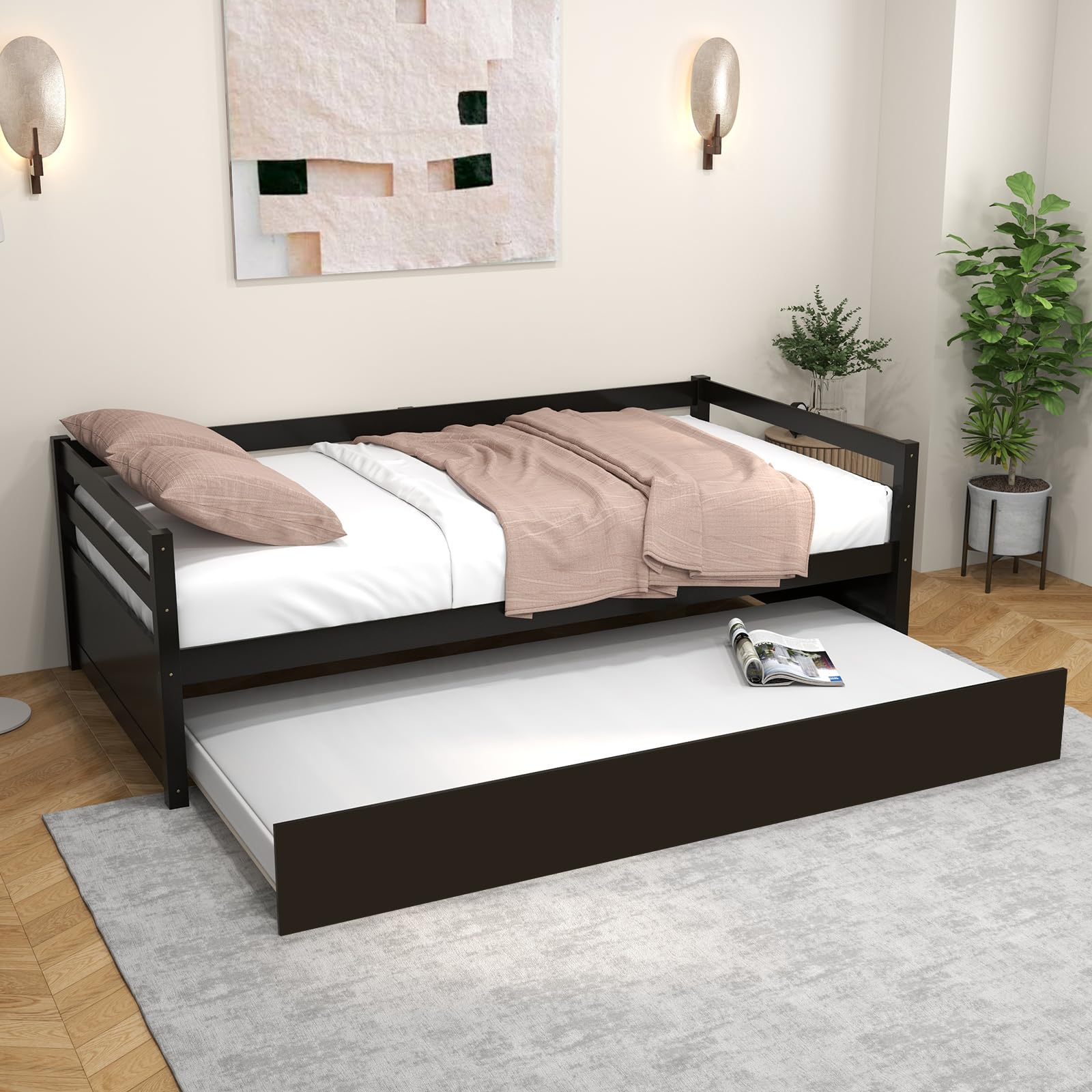 KOMFOTT Twin Size Wooden Daybed Frame with Trundle - No Box Spring Needed Sofa Bed for Guest Room, Kids Room & Living Room - Perfect for Sleepovers, Space Saving & Extra Guest Accommodation