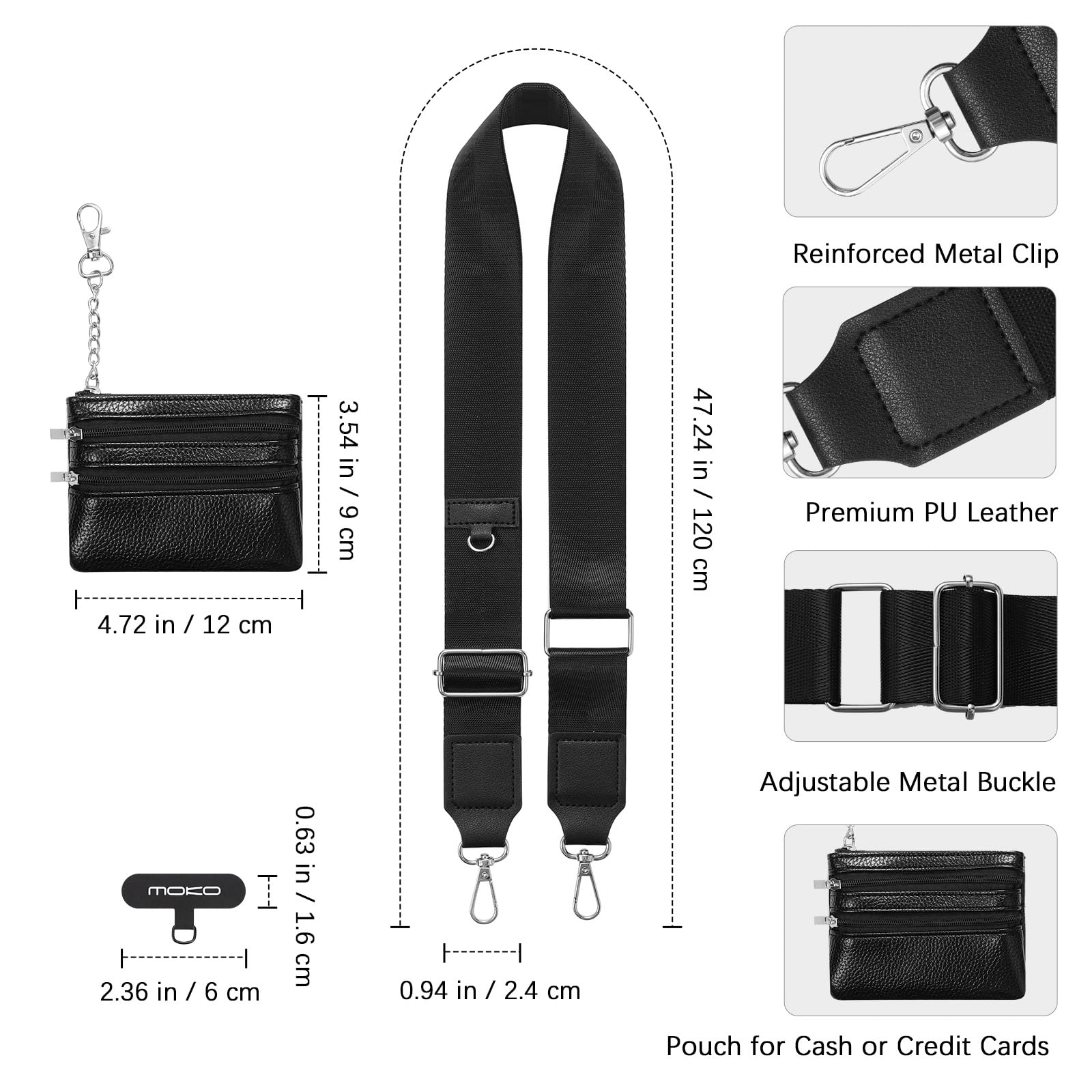 MoKo Adjustable Phone Lanyard with Wallet Pouch - for iPhone & Samsung (Black) - Perfect for Travel & Events