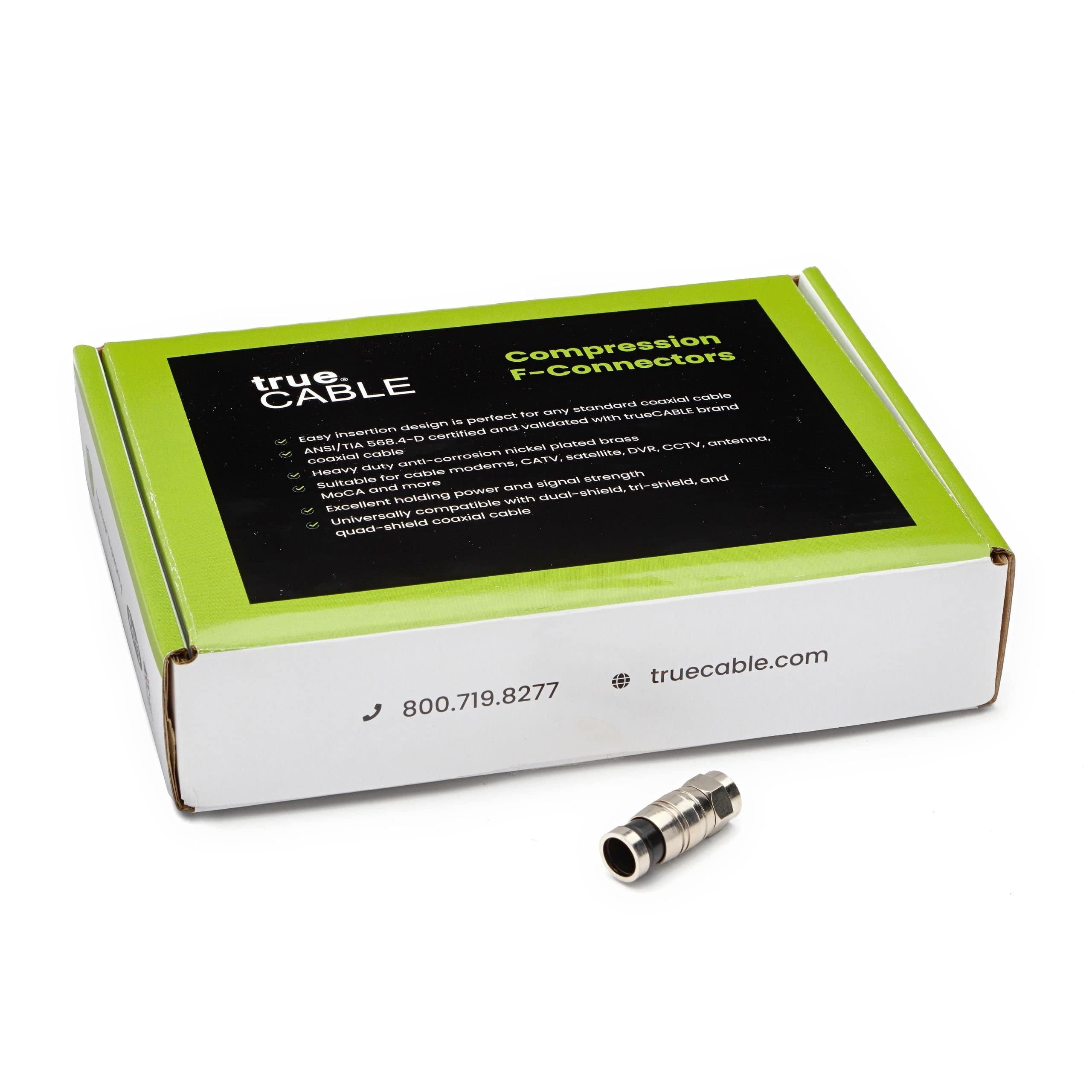 TrueCABLE Universal Easy Fit RG6 & RG6Q Compression F-Connector for Dual Shield (DS), Tri-Shield & Quad Shield (QS) Coaxial Cable - 100 Pack - Perfect for Cable TV, Satellite, Internet & Security System Installations