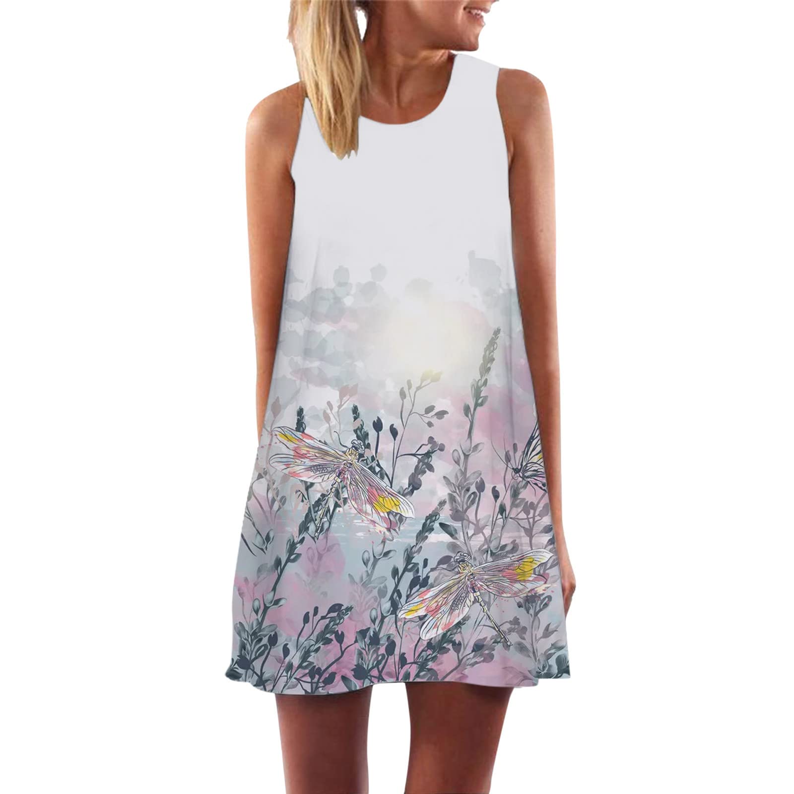 iQKA Women's Summer Casual Dress - Bohemian Butterfly Print Sleeveless Round Neck Mini Tank Dress for Beach, Vacation & Outdoor Activities