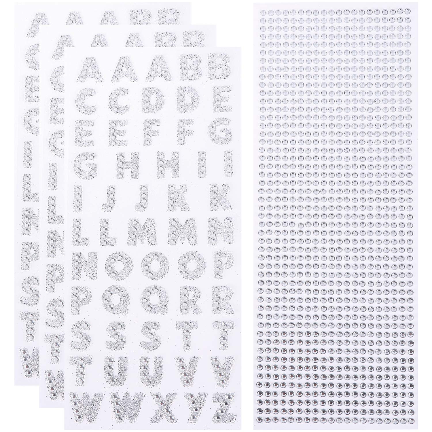3 Sheets Glitter Alphabet Stickers + 1 Sheet Rhinestone Stickers - Self-Adhesive Silver Letter Stickers for DIY Crafts, Scrapbooking, Home Decor & Party Decoration - Perfect for Journals, Cards, Gifts and More