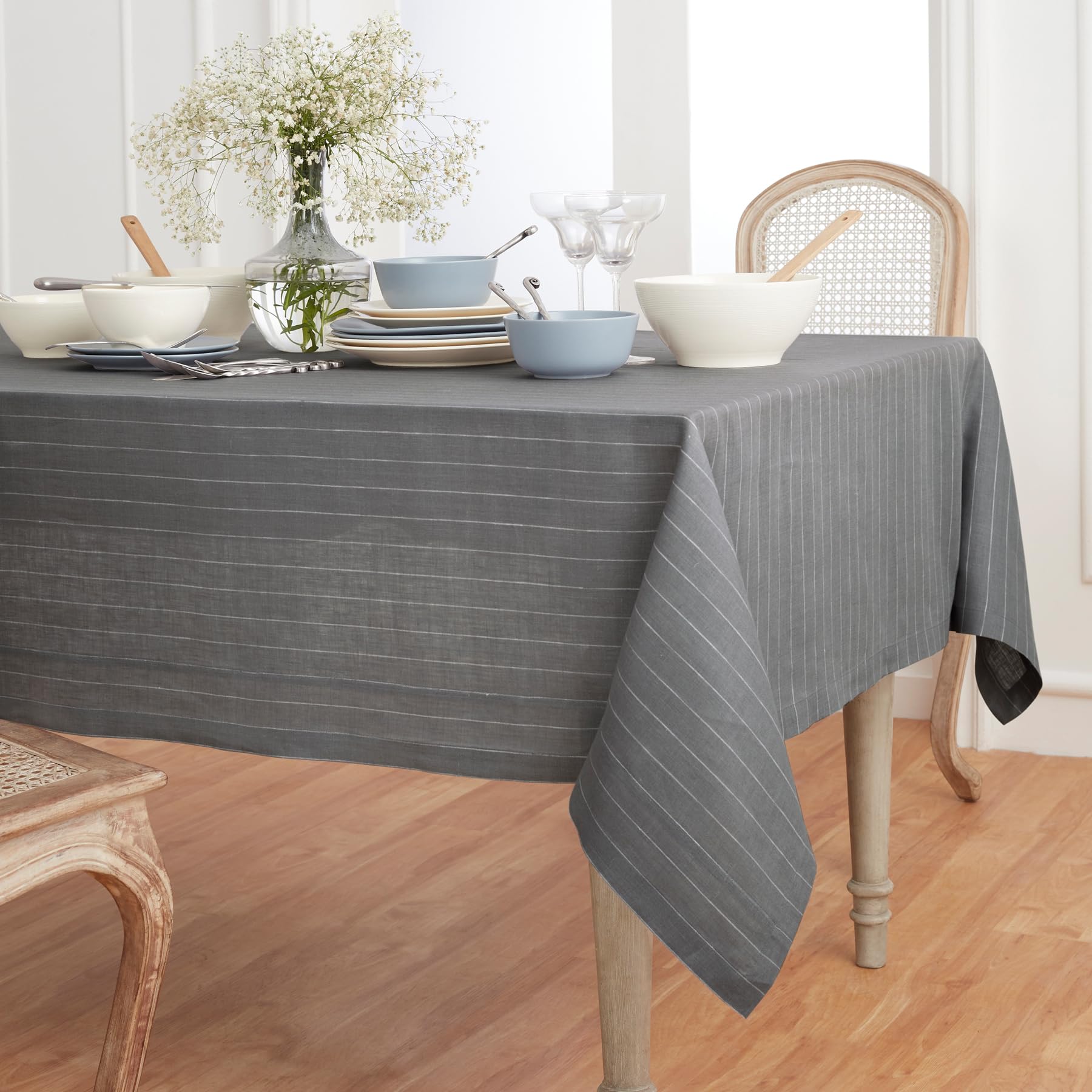 Premium 100% Linen Tablecloth 60x108 Inch - Handcrafted Grey & White Pinstripe Design - Machine Washable for Easy Care - Perfect for Spring Dining, Easter Brunch & Formal Dinner Parties