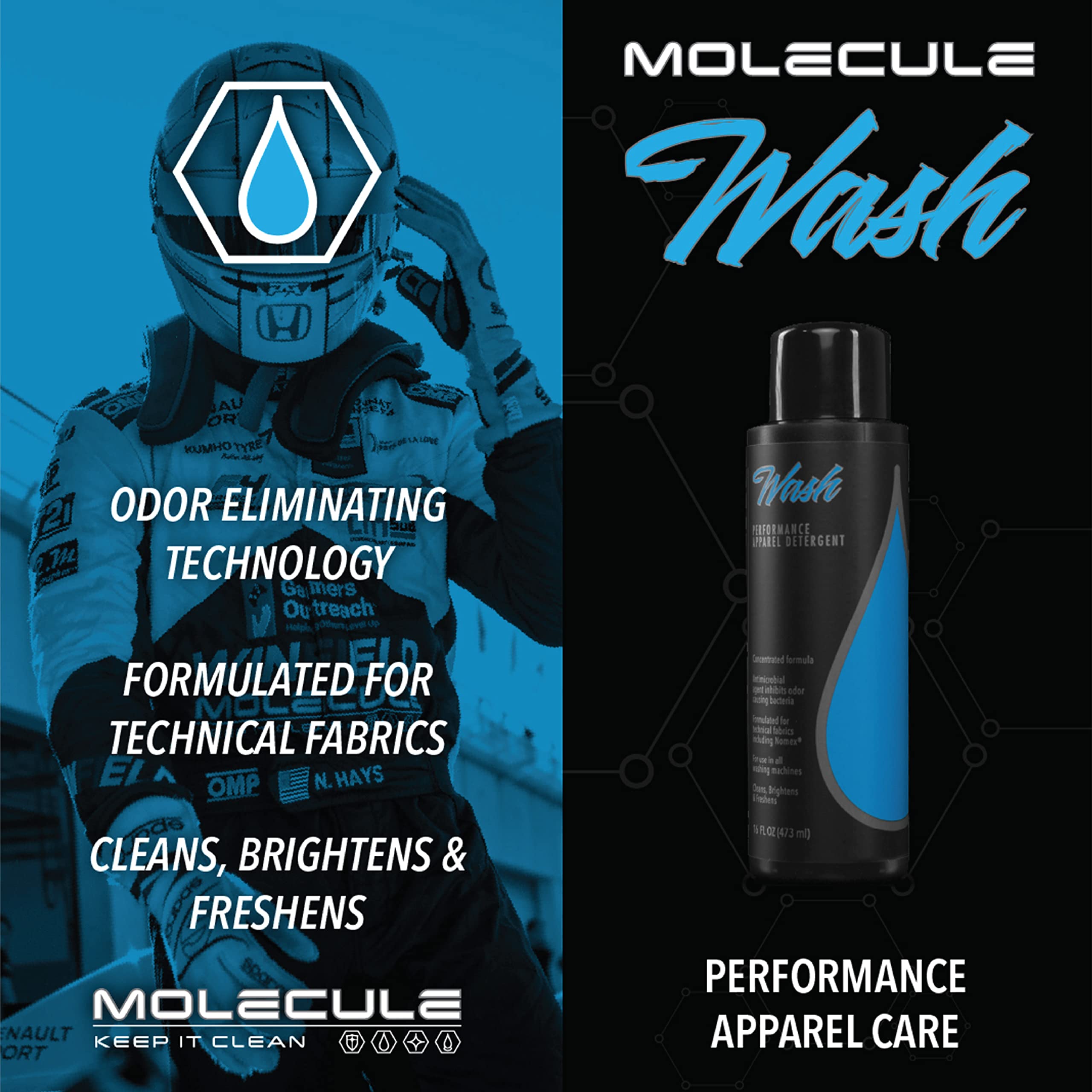 Molecule Wash - Premium Performance Apparel & Race Suit Cleaner - Brightens, Freshens & Protects Technical Fabrics - 1 Gallon Laundry Detergent for Athletic Wear, Motorcycle Gear & Workout Clothes