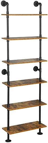 ZIOTHUM 6-Tier Industrial Pipe Shelf - Rustic Wood & Metal Bookcase for Wall Mounting (23.6x9.8x78.7