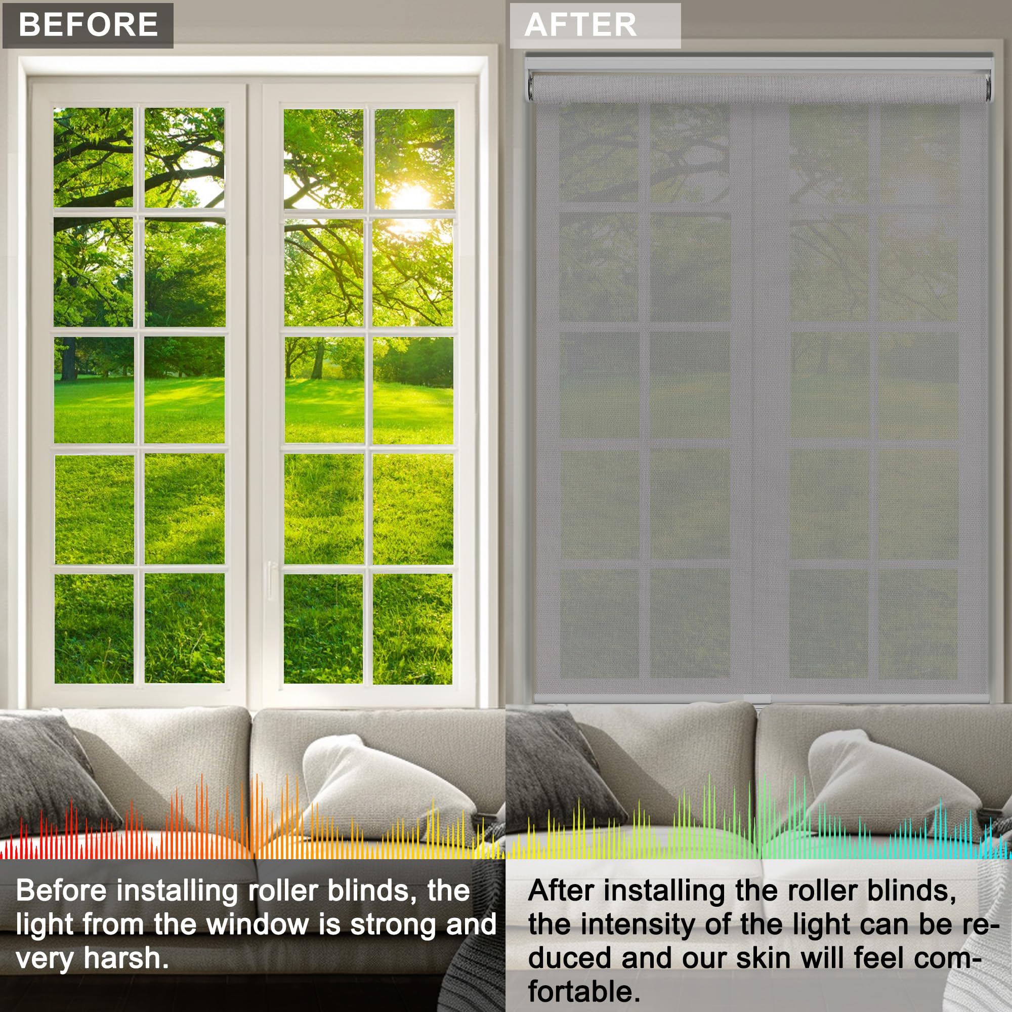 Cordless Solar Roller Shades 5% Openness - UV Protection, Gray 32x72