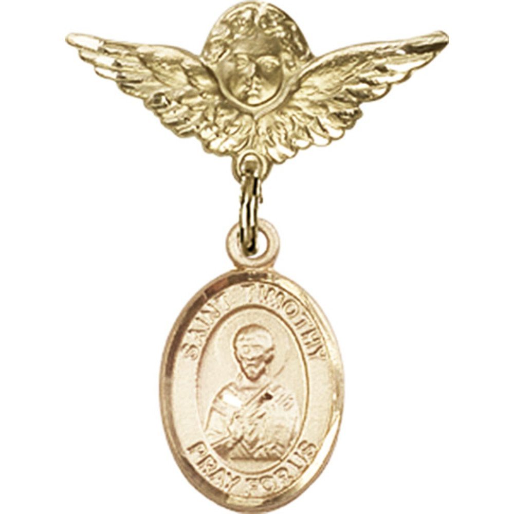Gold Filled Baby Badge with St. Timothy Charm & Angel Wing Pin - 1 x 3/4 Inch - Perfect for Christening Gifts, Baby Showers & Keepsake Jewelry