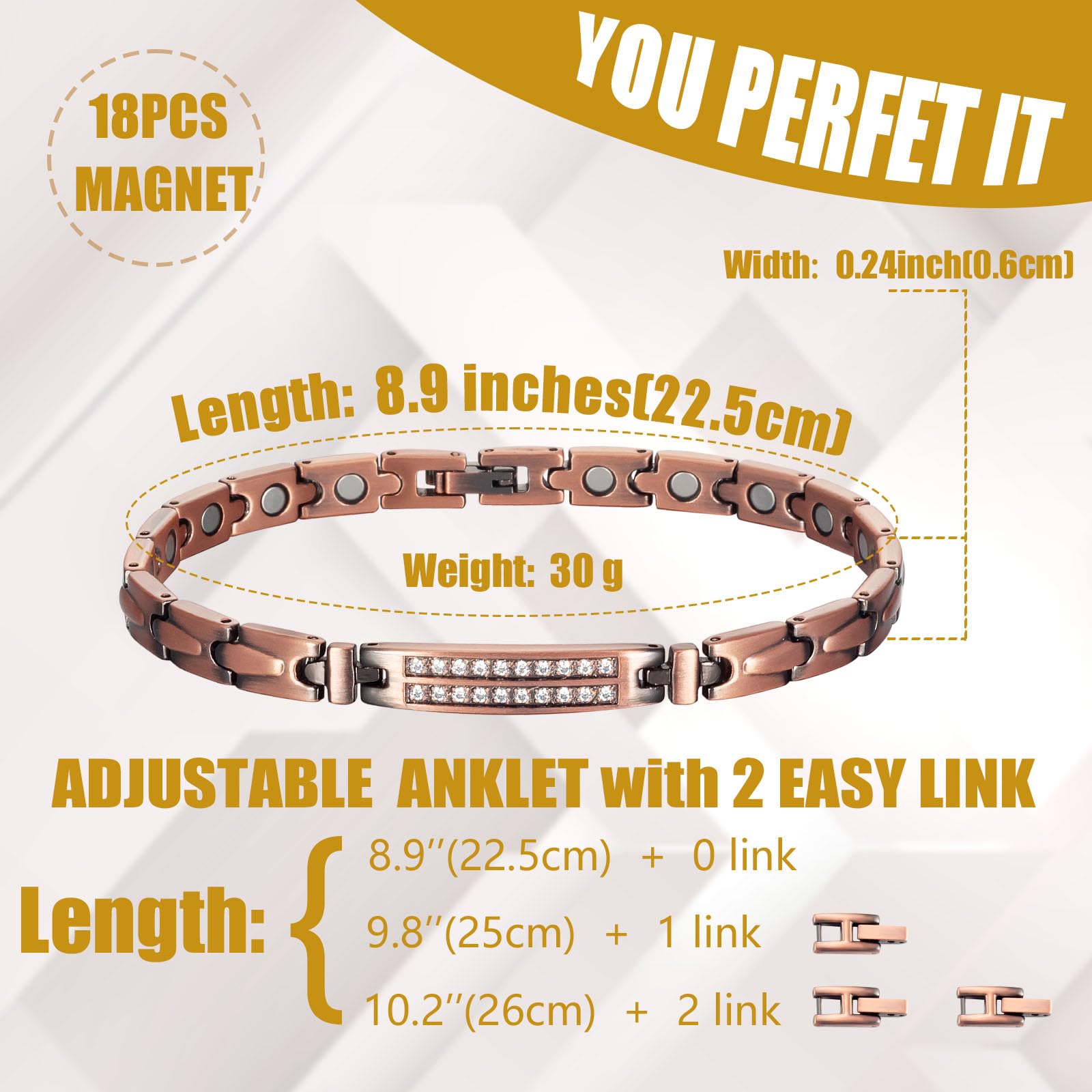MagVIVACE Copper Ankle Bracelet for Women - 99.99% Pure Solid Copper Magnetic Lymph Detox Anklet with 3500 Gauss Magnets (9.45 inch) - Perfect for Wellness, Fashion & Pain Relief Jewelry