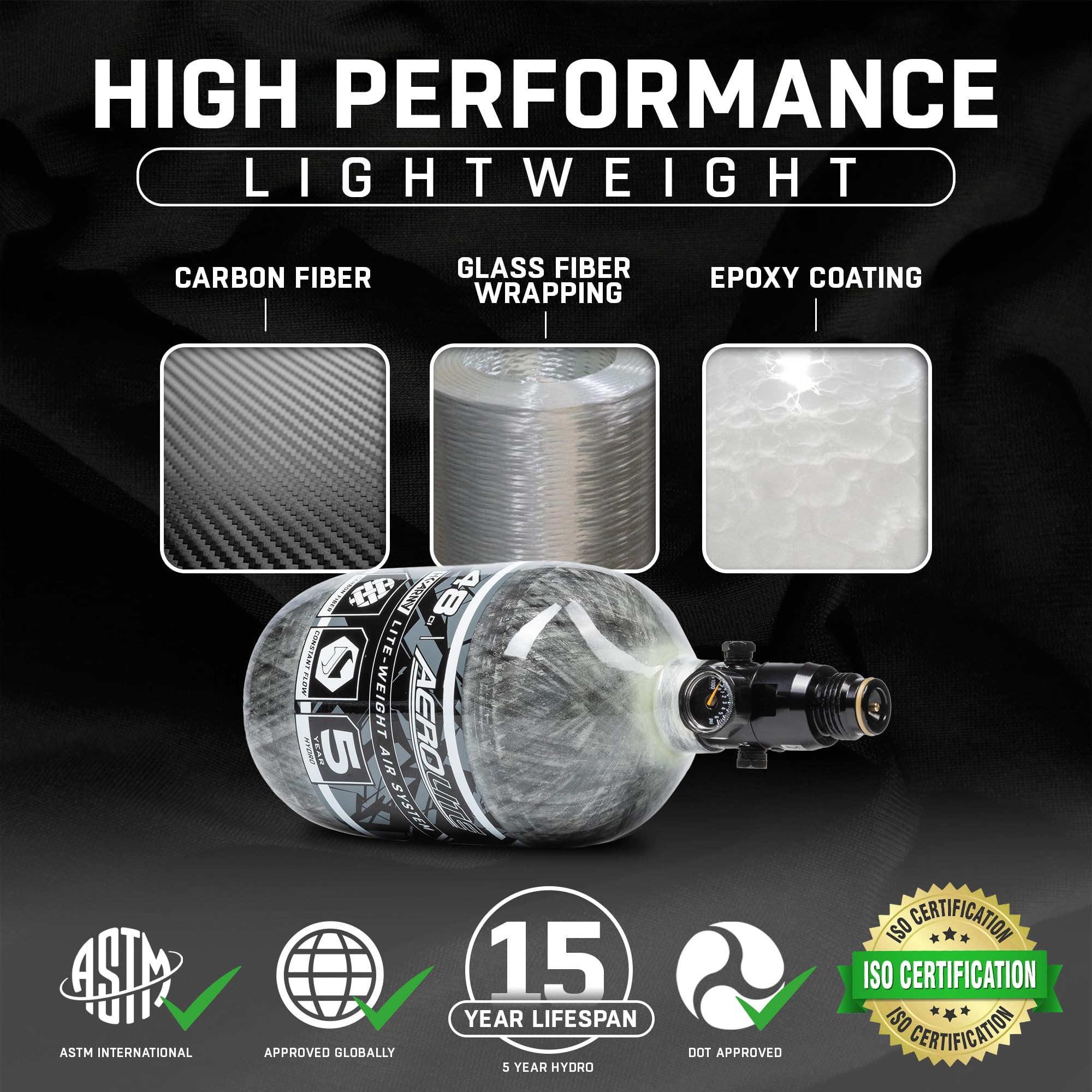 HK Army Aerolite Carbon Fiber HPA Paintball Tank Air System - 48ci/4500psi - Lightweight High Pressure Air Tank for Paintball & Airsoft Games, Outdoor Sports & Tactical Training
