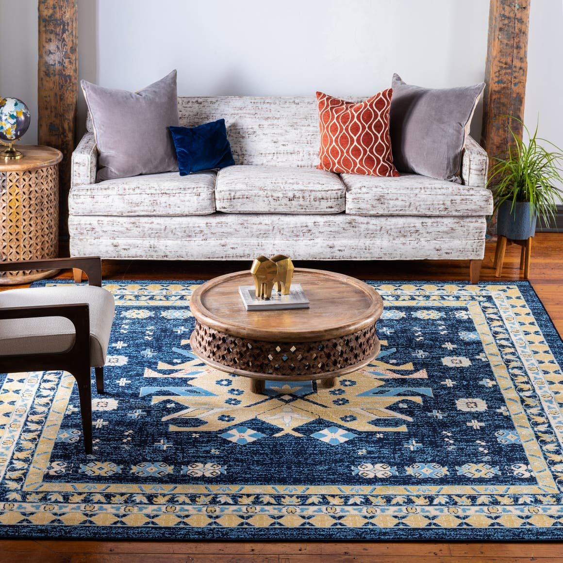 Unique Loom Taftan Collection Geometric Tribal Design Area Rug - 8x10 ft Navy Blue & Gold Border - Boho Chic Living Room Bedroom Decor