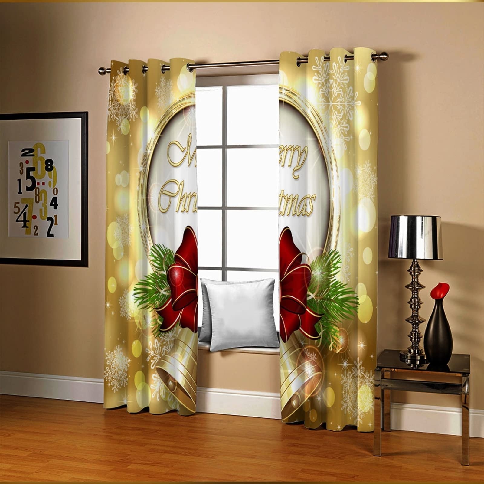 Gold Christmas Themed Bay Window Curtains with Bells - 104x96 Inch Polyester Small Window Treatment for Holiday Decor | Perfect for Living Room, Bedroom & Seasonal Home Décor
