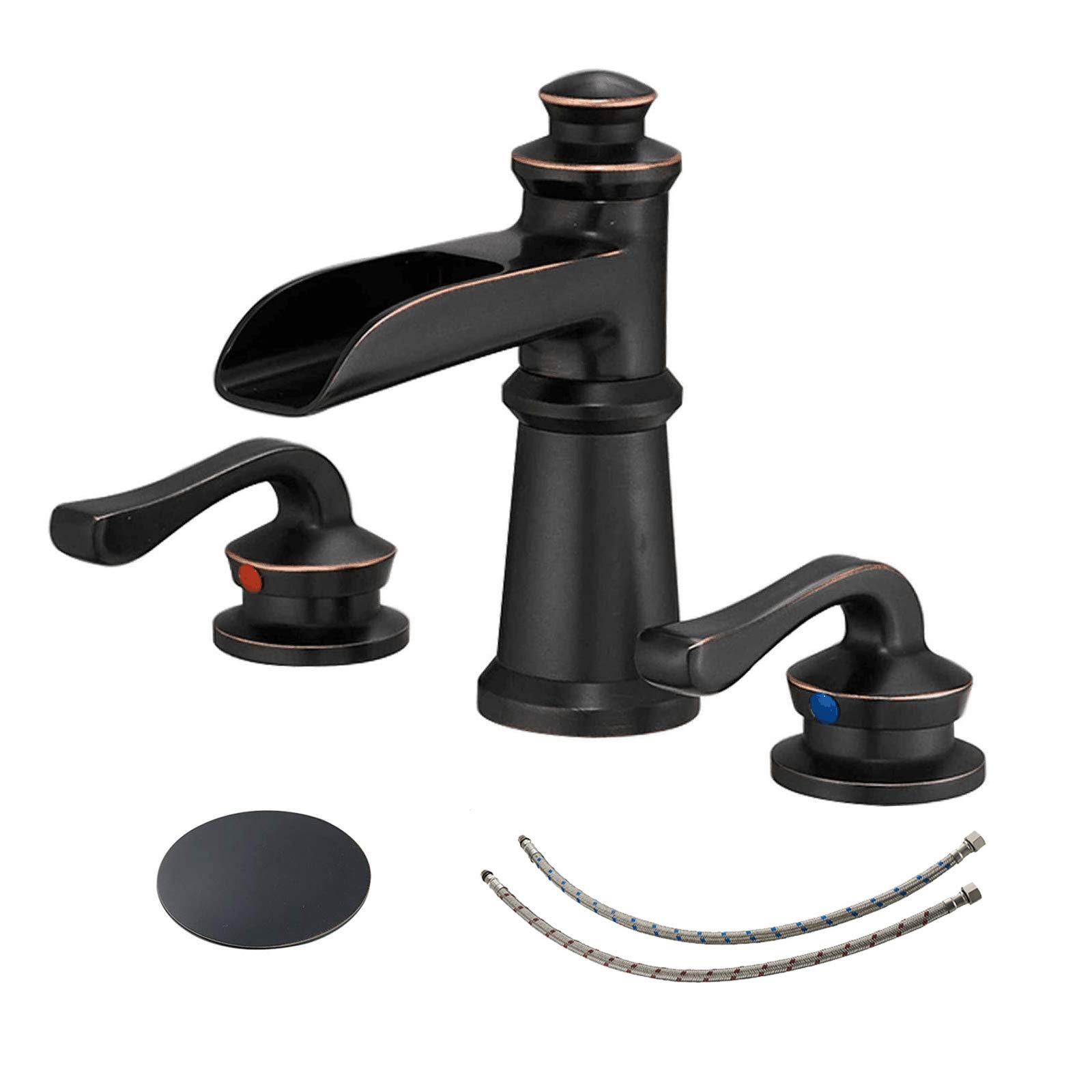 Homevacious Widespread Bathroom Faucet - Oil Rubbed Bronze Waterfall 2-Handle with Pop-Up Drain - Farmhouse Sink Mixer Tap for 3-Hole Installation (8-16 Inch Spread) - Rustic Commercial Supply Line - Perfect for Vintage Bathroom & Kitchen Renovations