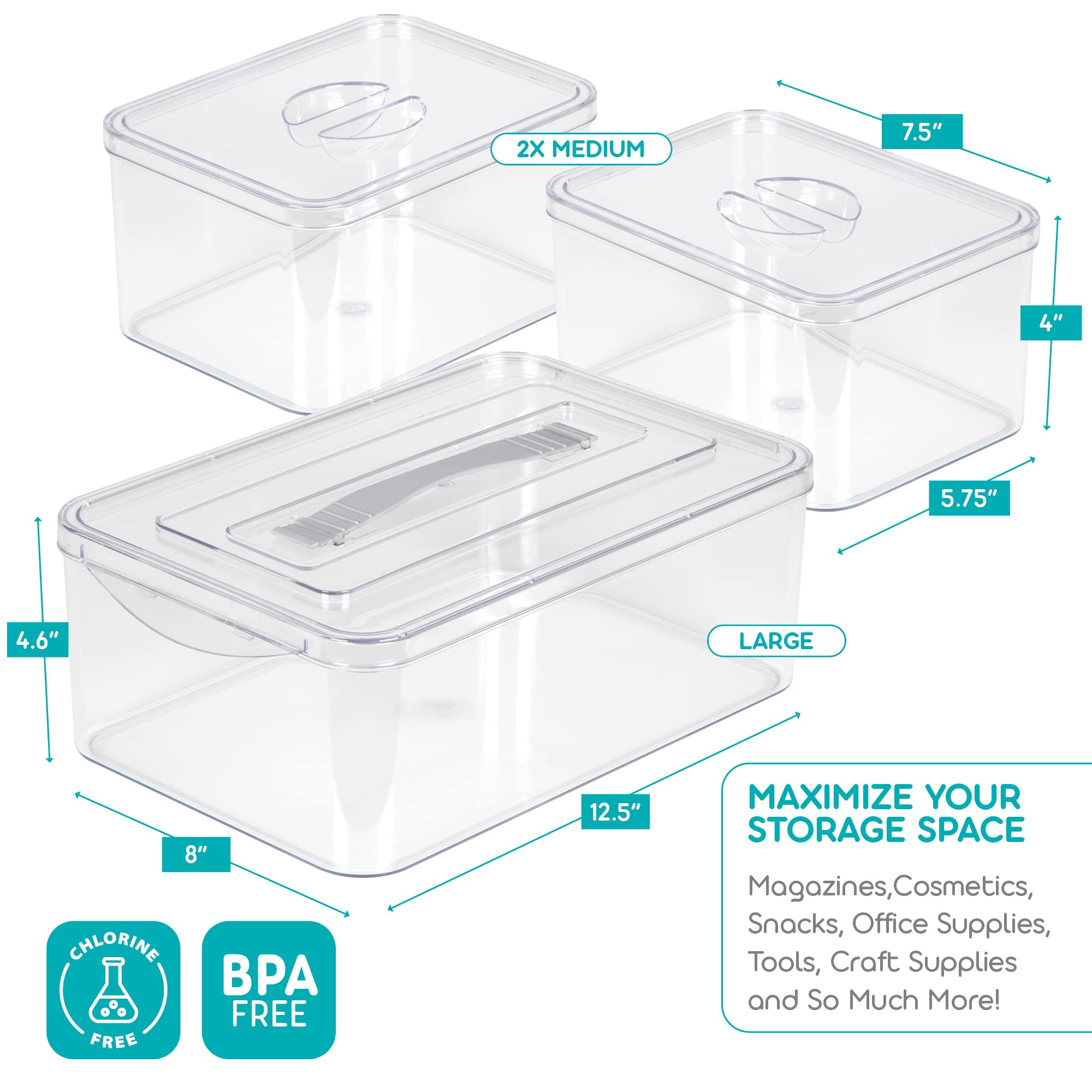 Clear Plastic Storage Bins with Lids - Set of 1 Large & 2 Medium Organizing Containers for Closet, Fridge, Pantry | Durable Stackable Home Organization Solutions by Richards Homewares | Perfect for Kitchen, Bathroom & Garage Storage