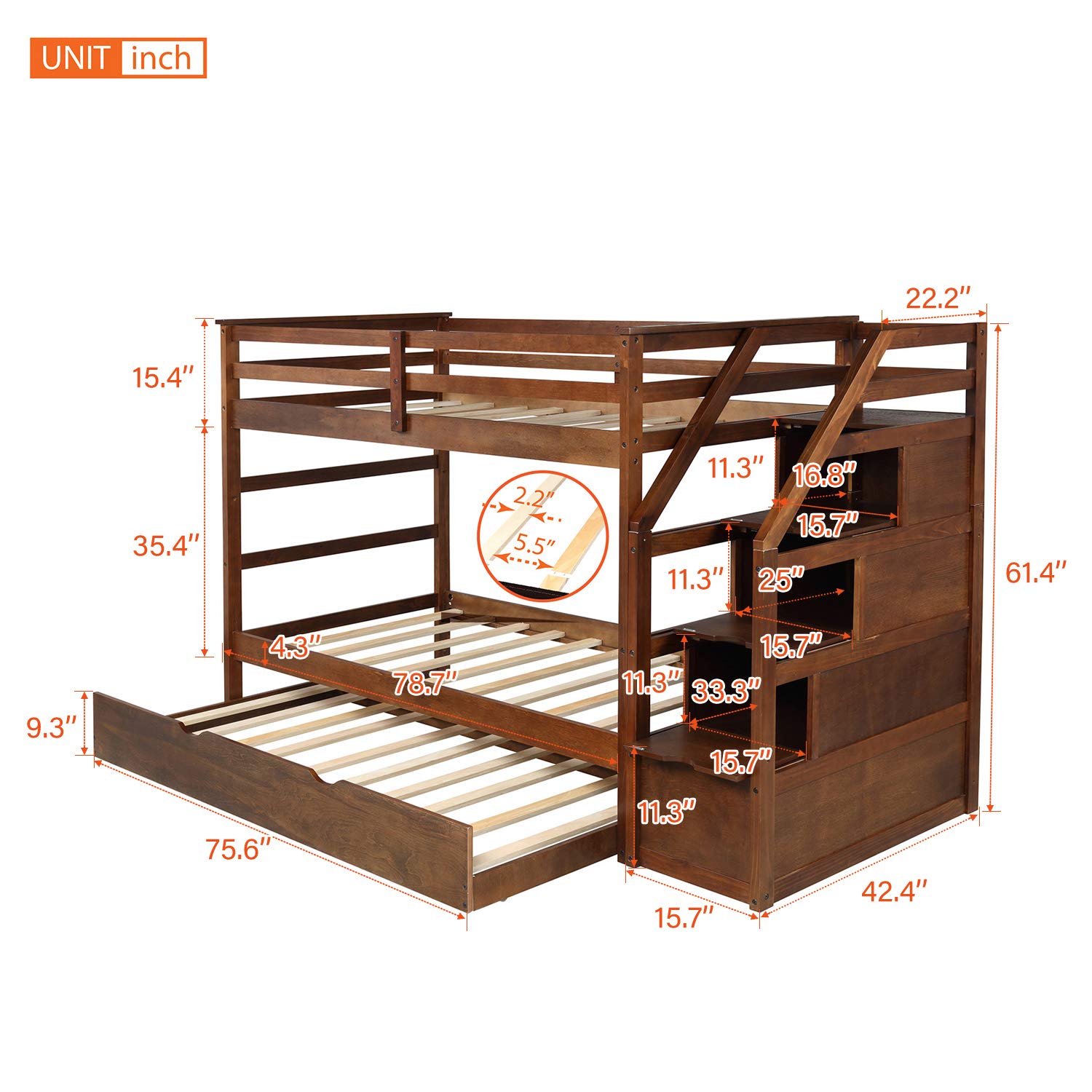 Solid Wood Twin Bunk Bed with Storage & Staircase - Kids/Teens Room Space Saver