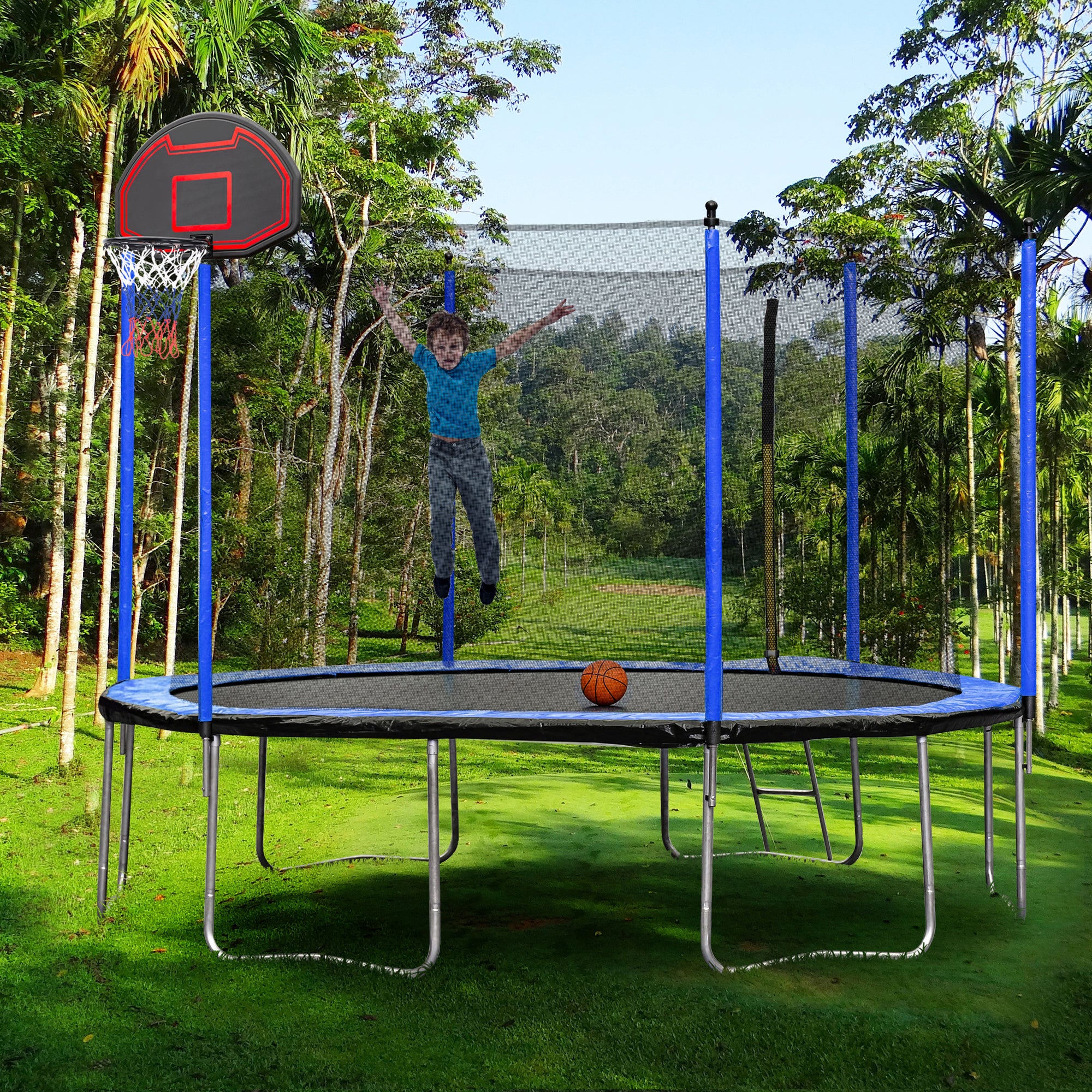 15FT Trampoline with Basketball Hoop, Air Pump, and Safety Ladder - Blue | Outdoor Backyard Fun for Kids & Adults | Perfect for Exercise, Play, and Family Bonding