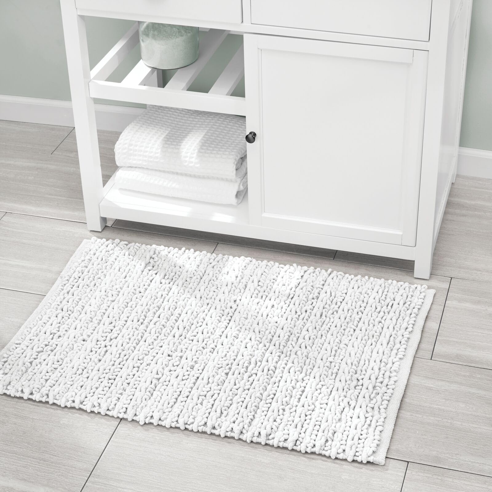mDesign 3-Piece Cotton Bathroom Rug Set - Absorbent Braided Bath Mat, Vanity Runner & Shower Mat for Master/Guest Bathrooms - Soft & Durable (White, Standard/Small Size) - Perfect for Bathroom Floor Protection & Spa-Style Comfort