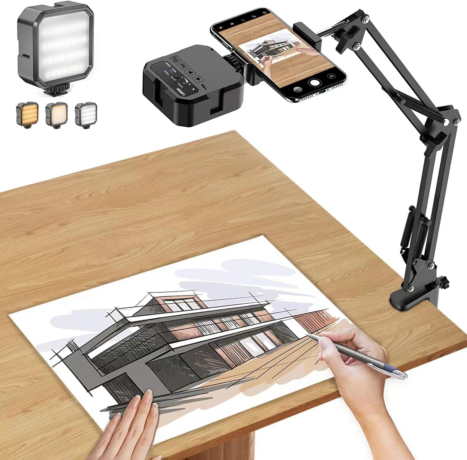 Adjustable Overhead Phone Mount with Articulating Arm & LED Light - Flexible Phone Stand for Live Streaming, Video Recording, TikTok, YouTube, Cooking & DIY Projects - Perfect for Content Creators, Vloggers & Home Chefs