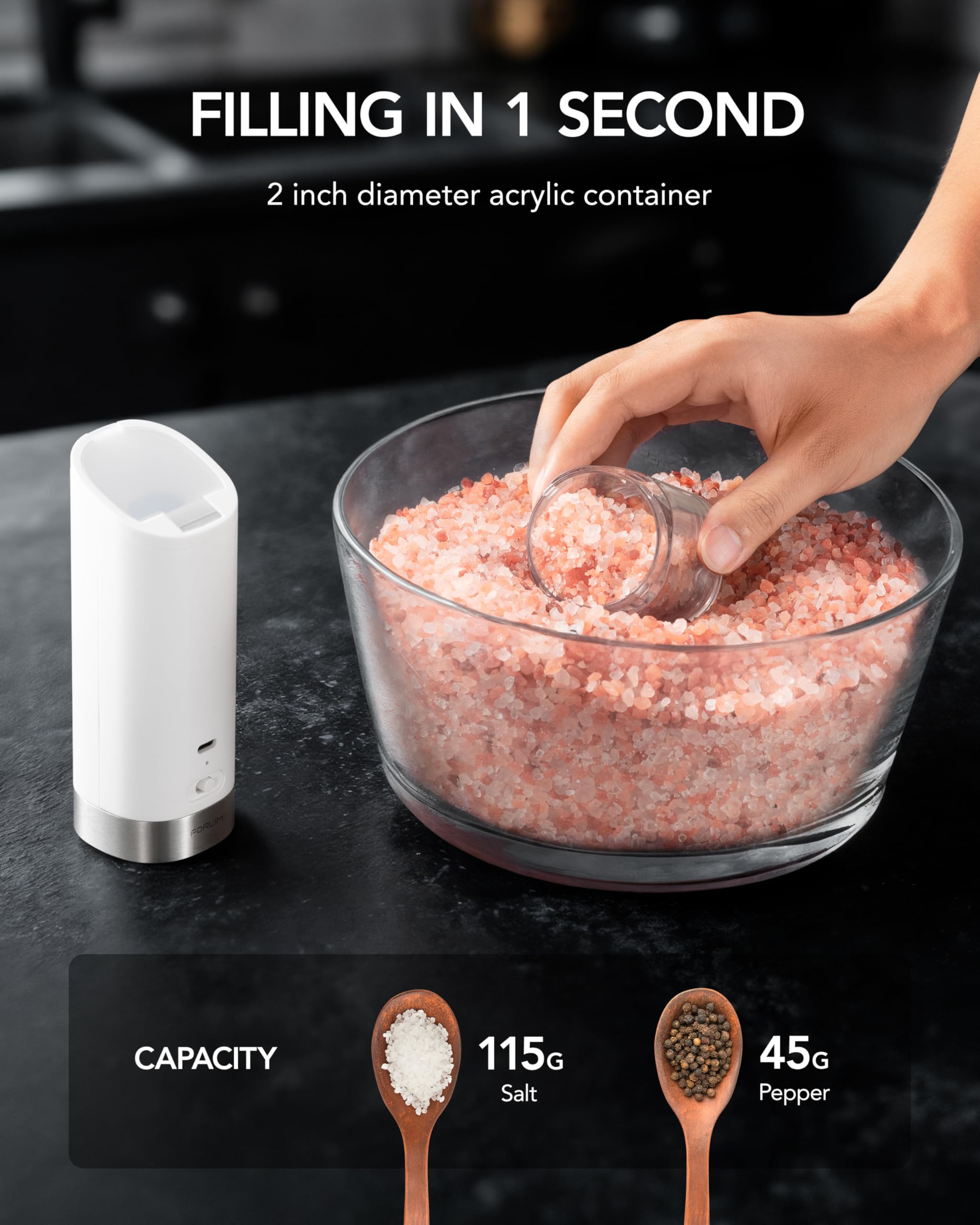 Premium Gravity-Operated USB Rechargeable Salt and Pepper Grinder Set with Adjustable Coarseness - Integrated Dust Cover, Portable for Travel, Outdoor BBQ & Kitchen Use (White & Black) - Perfect for Camping, Picnics & Home Cooking
