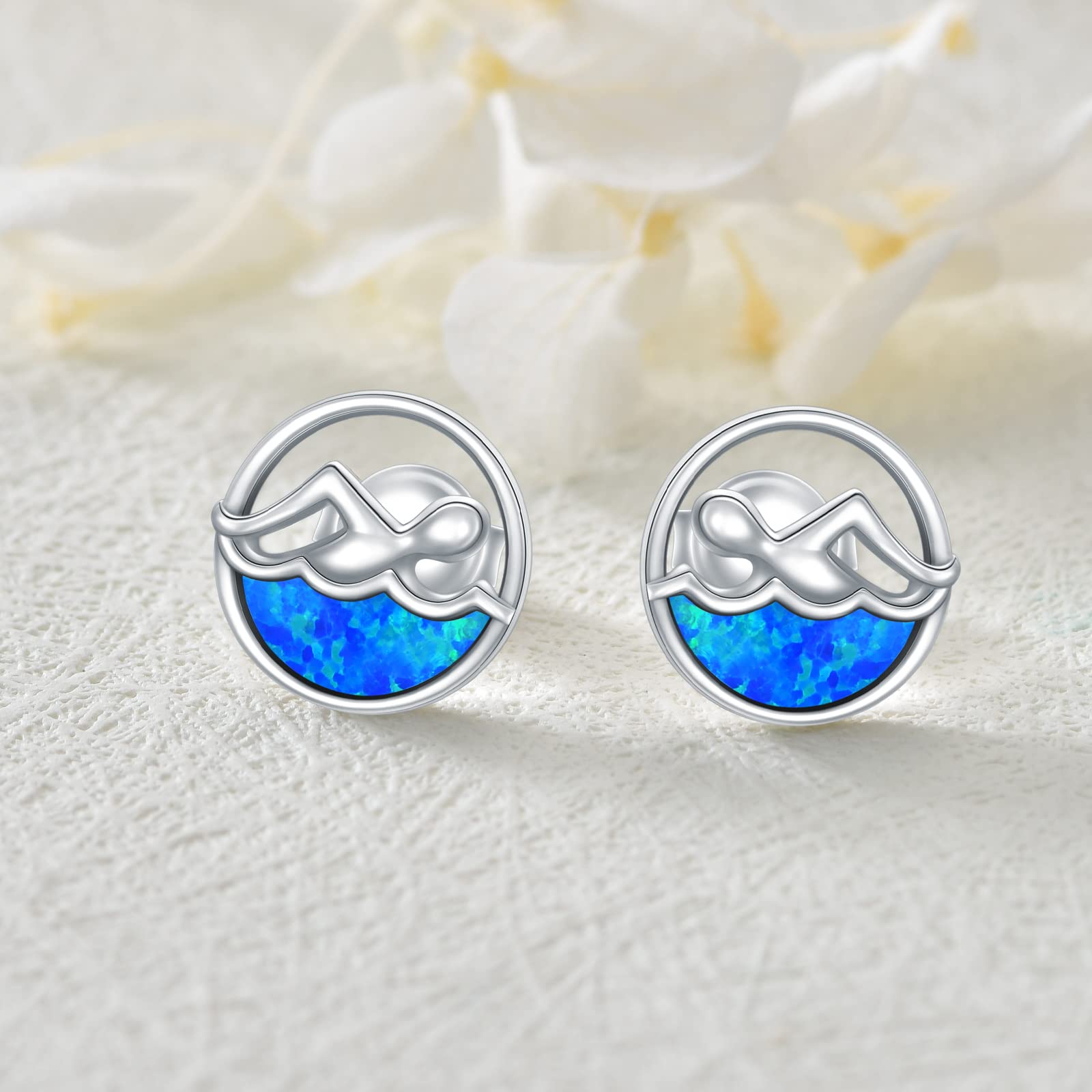 YAFEINI Sterling Silver Opal Stud Earrings for Women - Waterproof Swim Jewelry for Swimming, Beach & Pool Activities