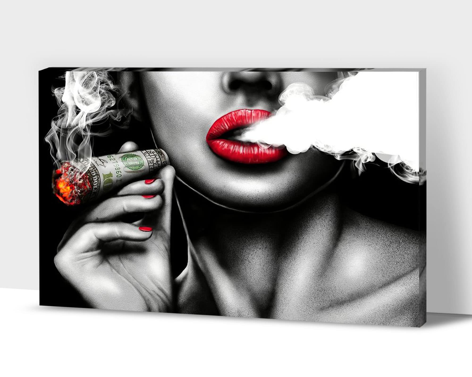 Sexy Red Lips & Money Smoke Canvas Wall Art - Colorful Dollar Bill Print for Home, Living Room, Bedroom Decor (28x40 Inches) - Perfect for Modern Wall Decor & Stylish Interior Design