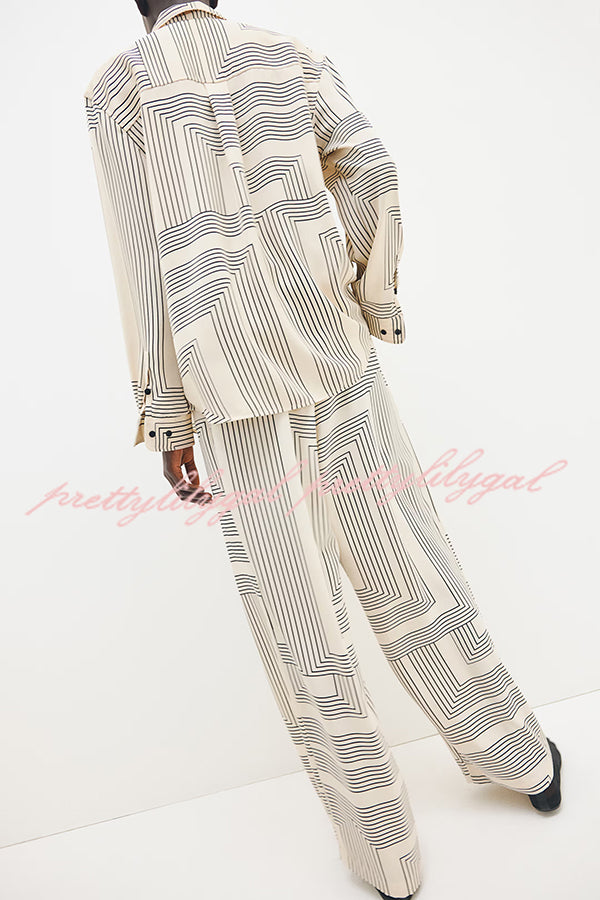 Stylish Printed Lapel Long Sleeve Blouse with Elastic Waist Casual Pants Set - Women's Loose Fit Wide Leg Trousers & Pocket Details for Office, Travel and Everyday Wear