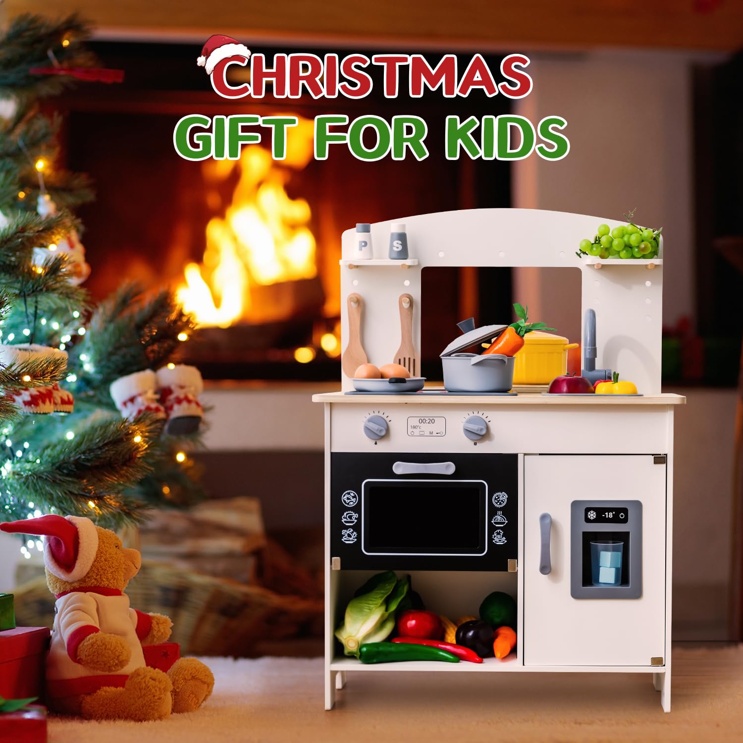 **Deli Kids Wooden Play Kitchen Set for Toddlers - Realistic Lights & Sounds, Stove, Oven, Ice Maker, Sink & Faucet - Pretend Cooking Toy for Imaginative Play & Role-Playing Fun**