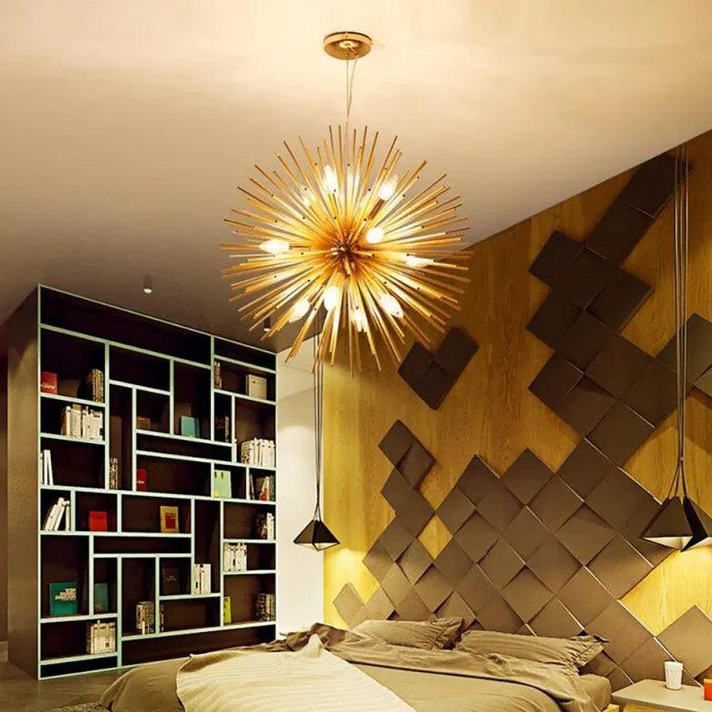 Modern Gold Star Shaped Long Needle Chandelier - Elegant Ceiling Light Fixture for Dining Room, Living Room, Bedroom Decor