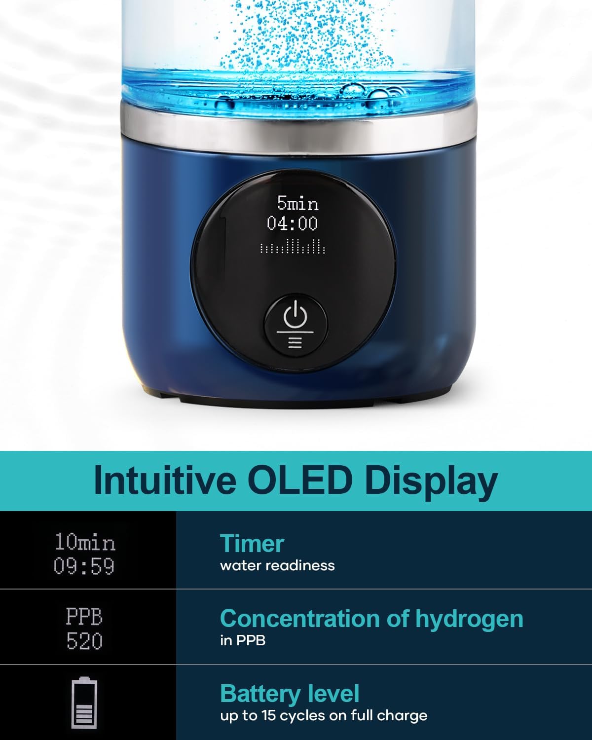BUZIO 3800ppb Hydrogen Water Bottle Generator with Gen5 SPE/PEM Technology - Portable Alkaline Water Bottle for Athletic Performance, DuPont Membrane & OLED Display - Perfect for Gym, Hiking and Daily Hydration