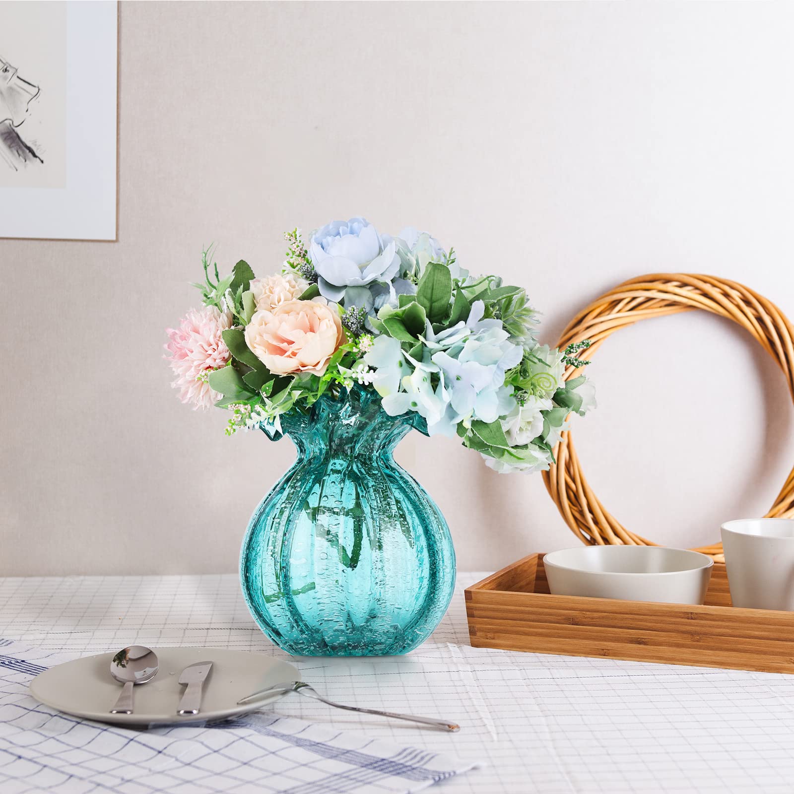 Modern Green Blown Glass Art Vase - Handcrafted Centerpiece for Living Room, Kitchen, Wedding, Dining Table, and Home Decor with Flowers