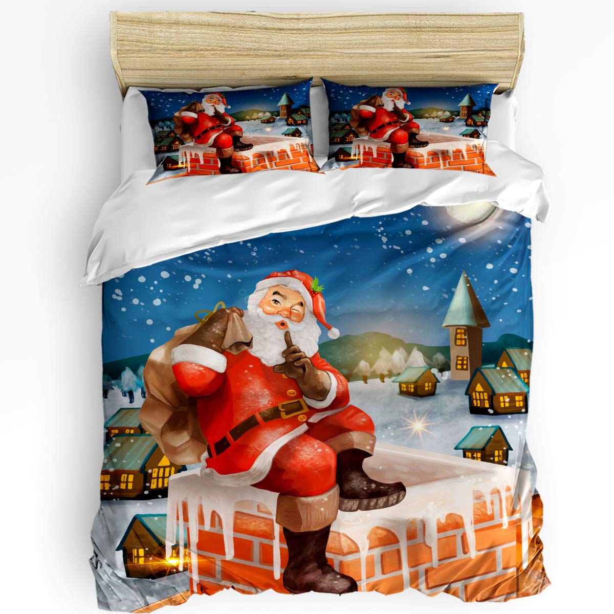 Santa Sitting on Chimney 3-Piece Twin Duvet Cover Set - Luxury Christmas Bedding with Comforter & 2 Pillowcases for Kids, Teens & Adults | Perfect for Holiday Decor, Winter Bedroom & Cozy Christmas Eve