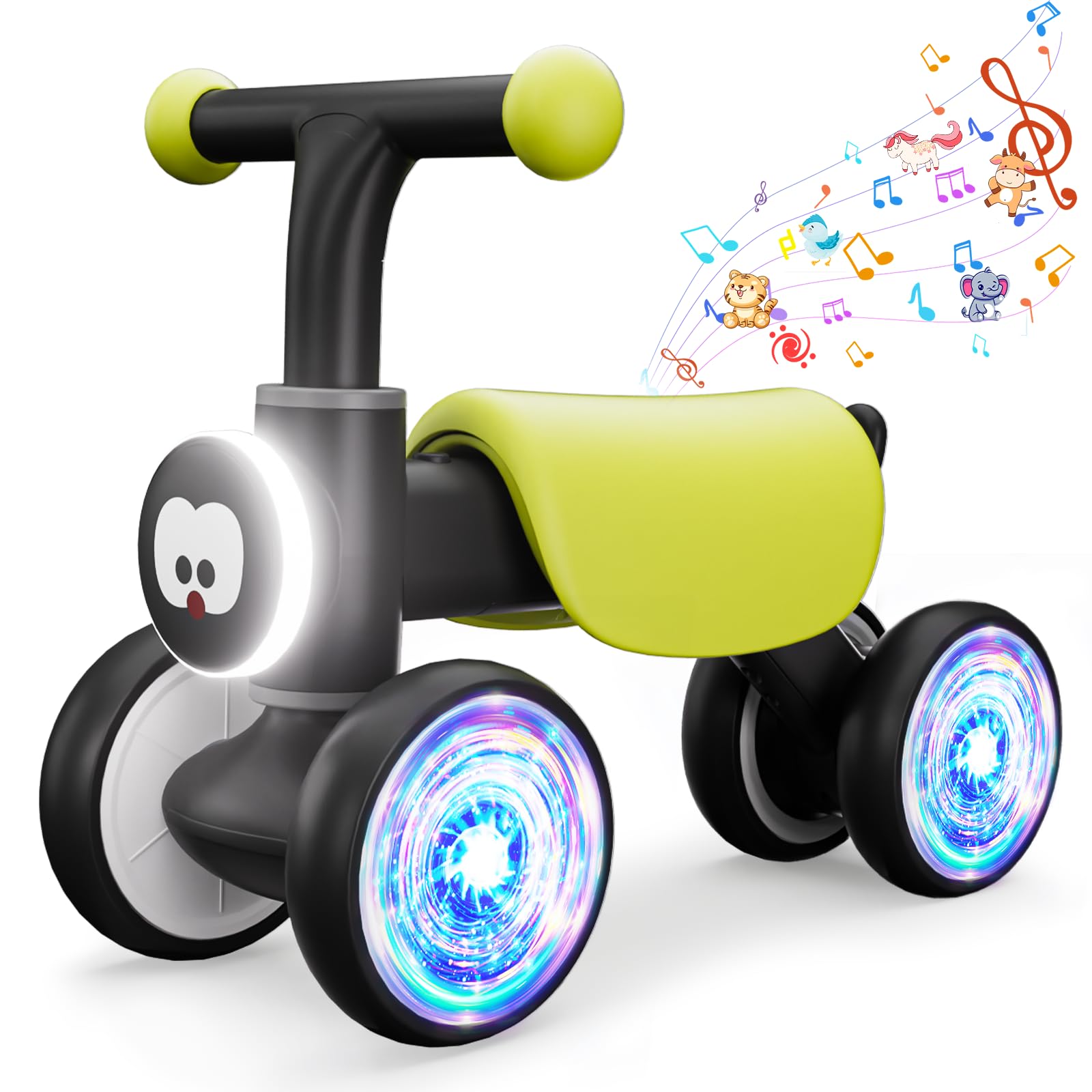 **Colorful Glow Wheel Toddler Balance Bike for 1-2 Year Old Boys & Girls | 12-24 Months Baby Bike with Soft Music & Cute Animal Sounds | First Birthday Gift | Indoor & Outdoor Play, Learning to Walk & Ride**
