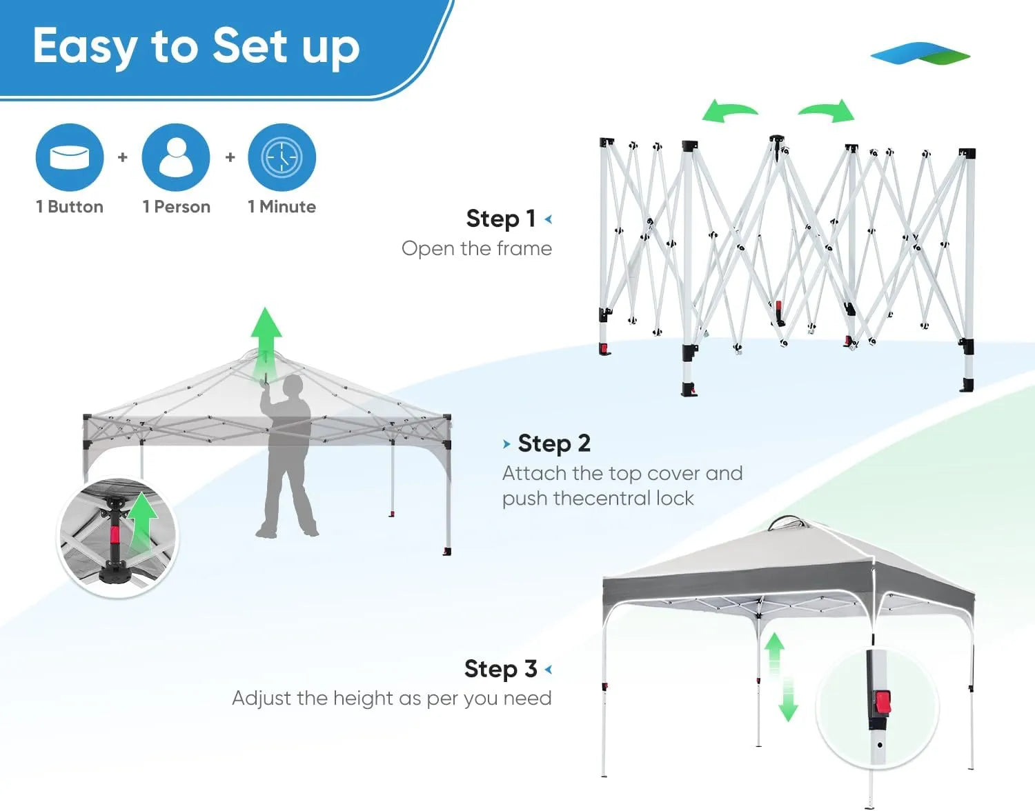 10' x 10' Pop Up Canopy Tent - Easy One Person Setup, Instant Shelter for Outdoor Events, Camping, Beach Parties, and Farmers Markets