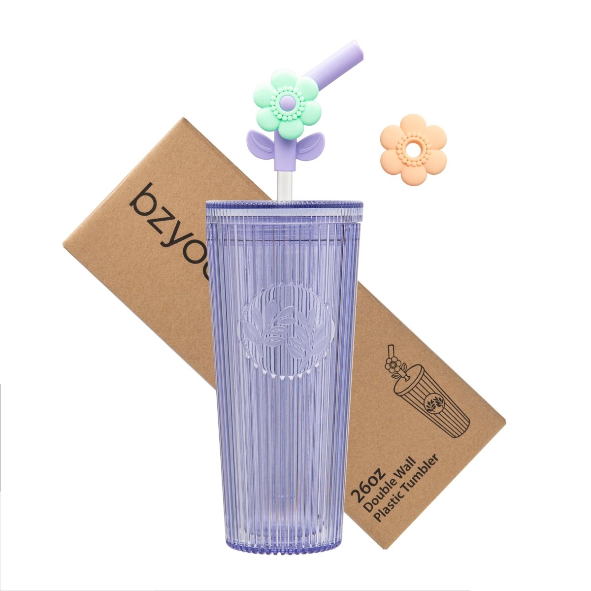 26oz Insulated Tumbler with Straw & Leak-Proof Lid - Cute Flower Silicone Straw Tips in Botanica Purple | Perfect for Iced Coffee, Smoothies & Outdoor Activities