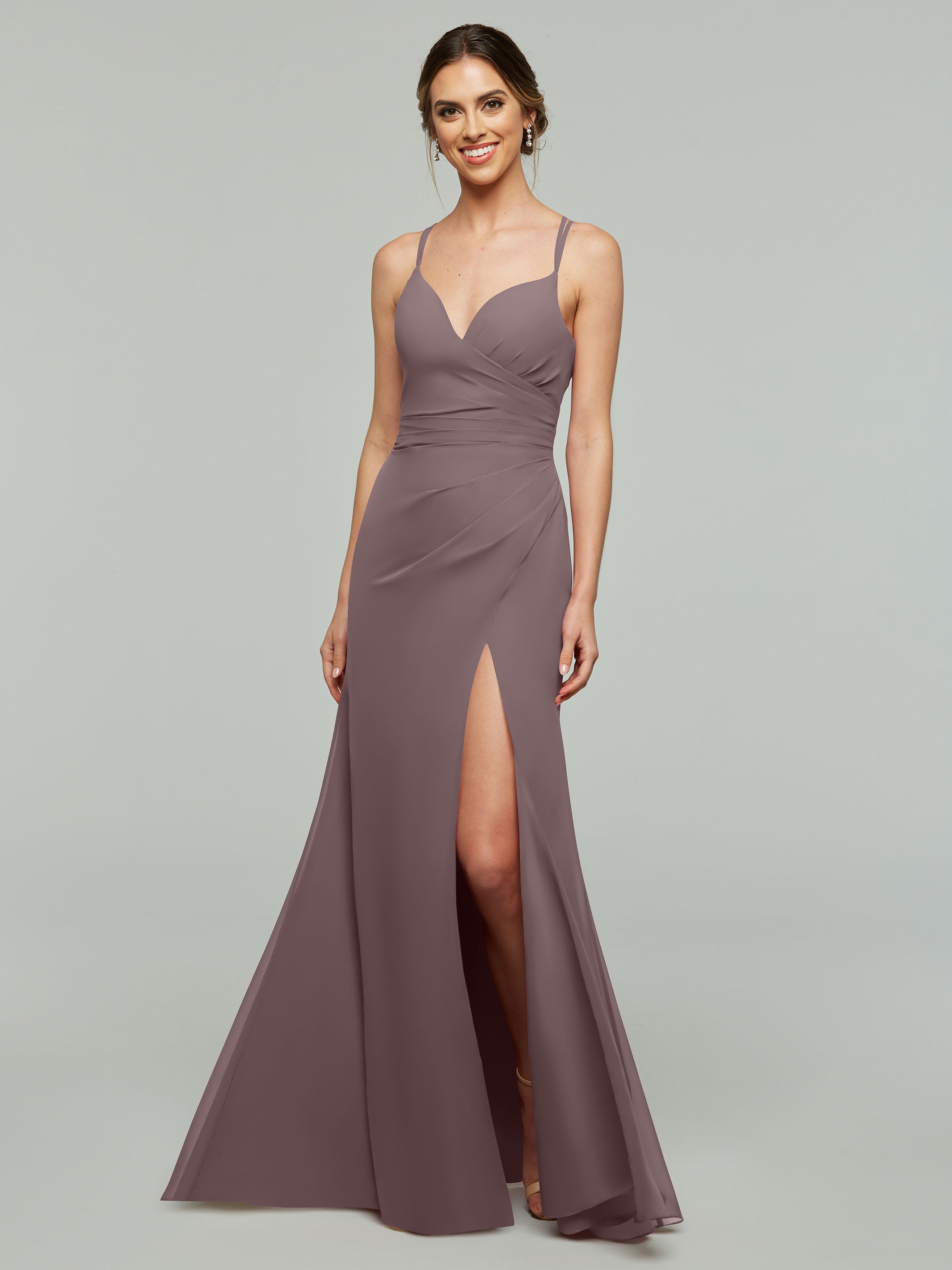 Elegant 80130 Chiffon Sheath Bridesmaid Dress - V Neck & High Slit Design for Weddings, Formal Events & Special Occasions