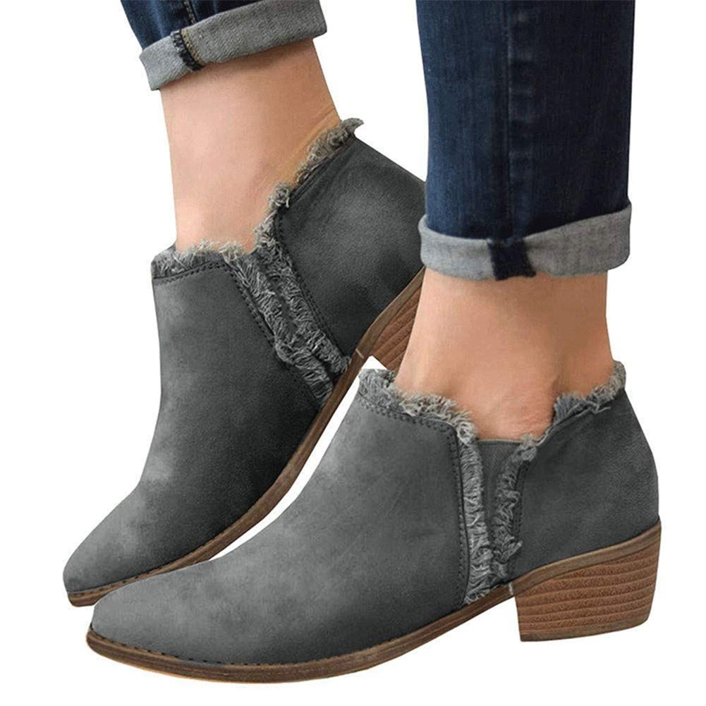 Gibobby Women's Low Heel Ankle Booties - Pointed Toe Faux Tassel Stacked Chunky Heel Boots for Casual Wear, Office & Date Night Outfits