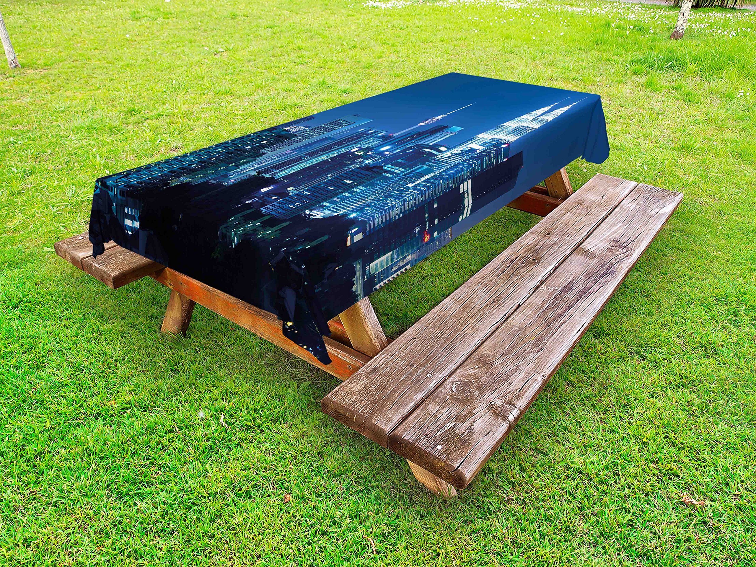 Ambesonne Waterproof Outdoor Tablecloth - Kuala Lumpur Skyline Night View with KLCC Twin Towers, Malaysian Landmark Monochrome Photo Print, Washable Picnic Table Cover 58x104 Inches Navy Black - Perfect for Backyard BBQs, Garden Parties & Beach Picnics