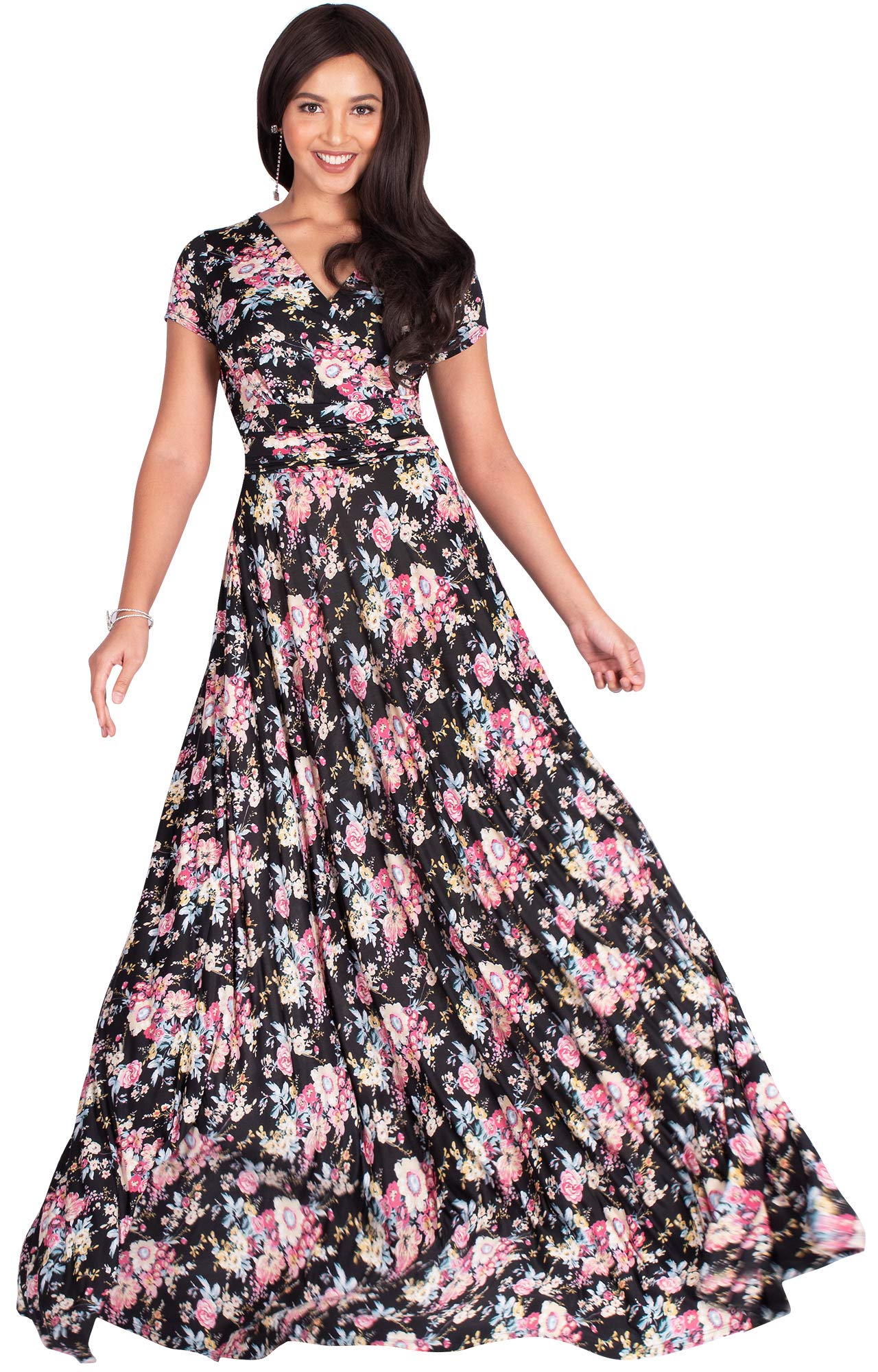 KOH KOH Women's Floral Print Long Maxi Dress - Summer Short Sleeve Flowy Modest Gown for Beach, Vacation & Casual Wear