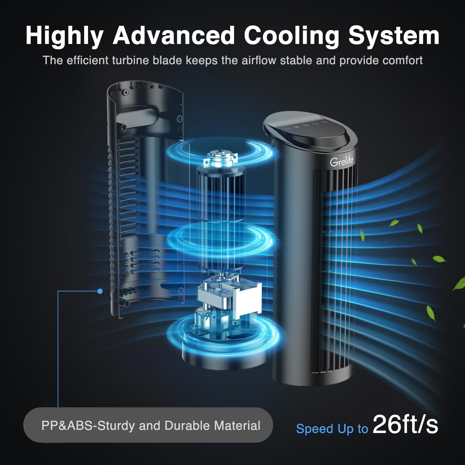 Grelife 13'' Bladeless Tower Fan with 3 Speed Settings - Ultra Quiet Cooling Desk Fan, 70° Oscillation, Compact & Portable - Perfect for Bedroom, Home Office, Dorm Room & Small Spaces